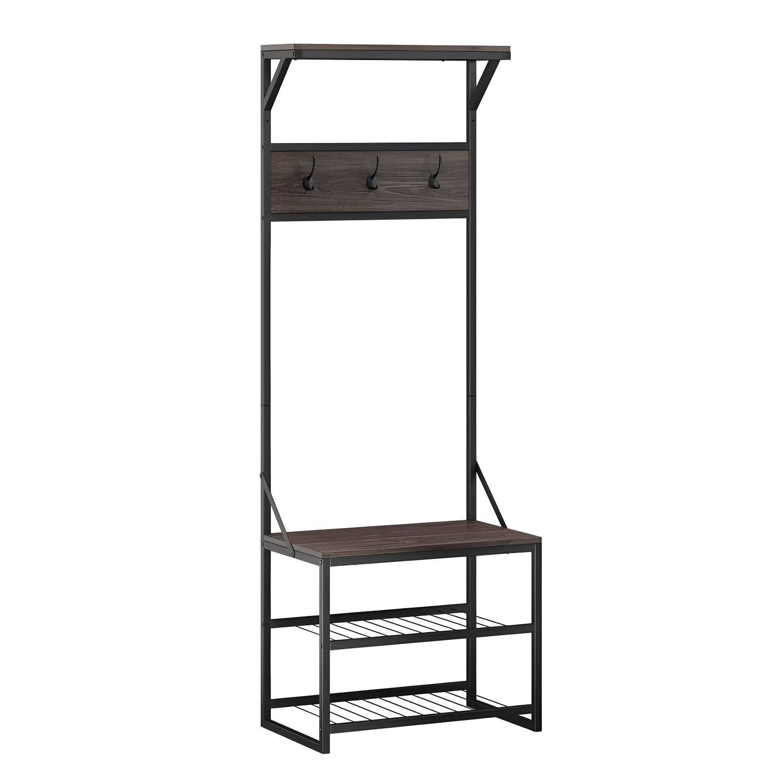 RiverRidge Home RiverRidge Afton Hall Tree Shoe Storage Organizer Cabinet with Hooks and Top Storage Shelf Entryway Bench Seat - Weathered Woodgrain and Black Metal Frame