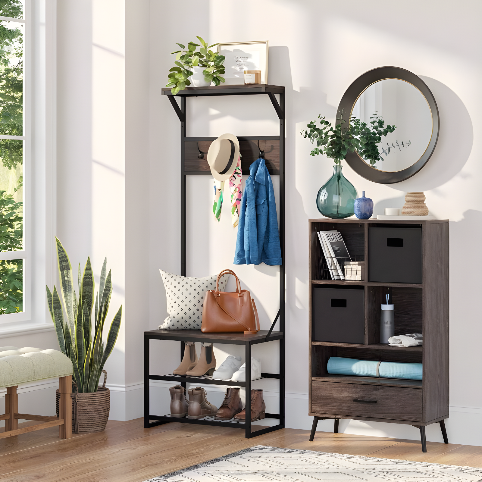 RiverRidge Home RiverRidge Afton Hall Tree Shoe Storage Organizer Cabinet with Hooks and Top Storage Shelf Entryway Bench Seat - Weathered Woodgrain and Black Metal Frame