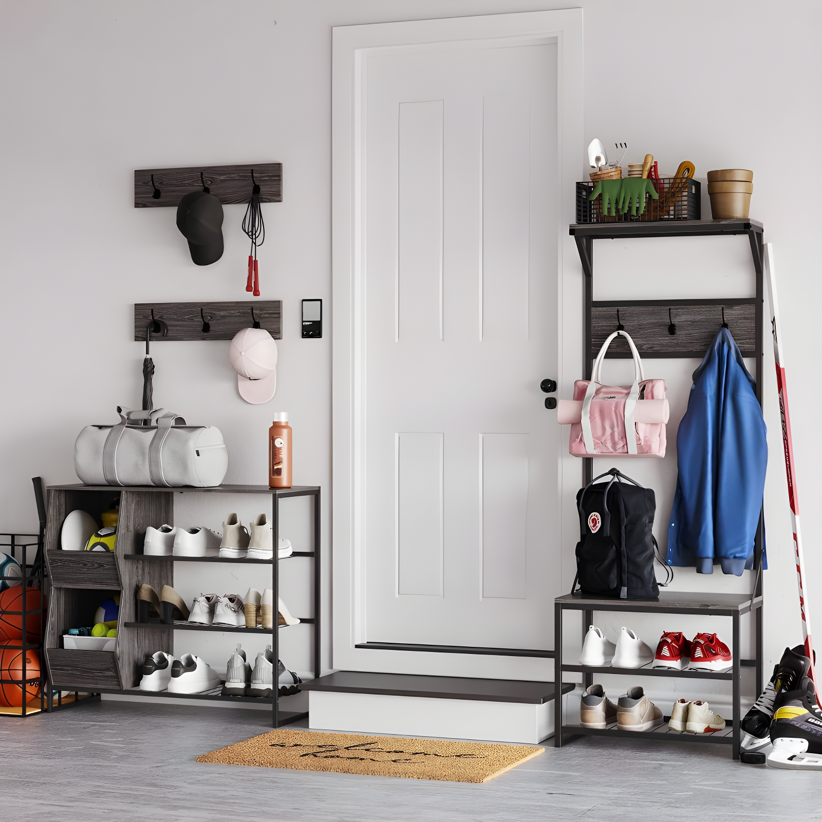 RiverRidge Home RiverRidge Afton Hall Tree Shoe Storage Organizer Cabinet with Hooks and Top Storage Shelf Entryway Bench Seat - Weathered Woodgrain and Black Metal Frame