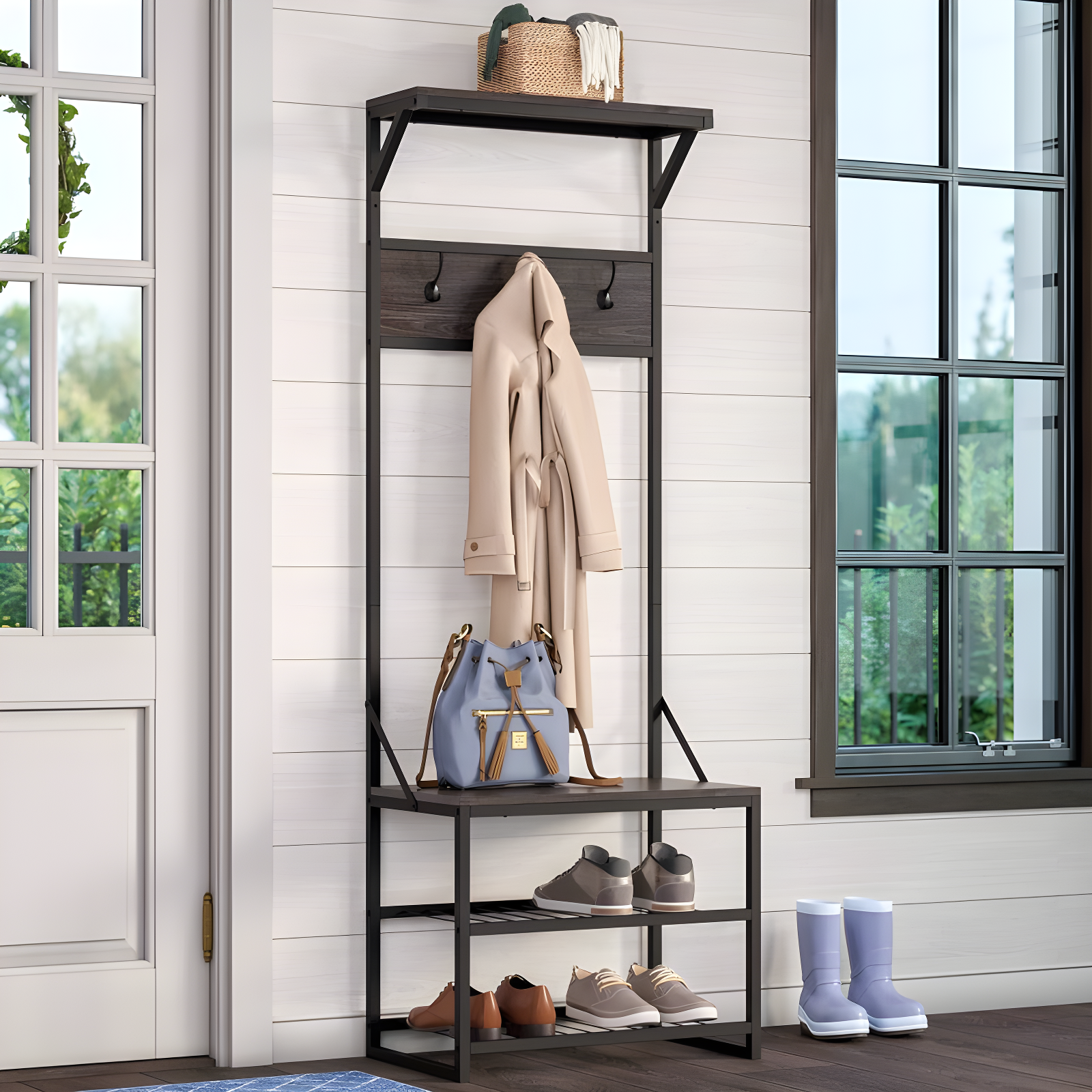 RiverRidge Home RiverRidge Afton Hall Tree Shoe Storage Organizer Cabinet with Hooks and Top Storage Shelf Entryway Bench Seat - Weathered Woodgrain and Black Metal Frame