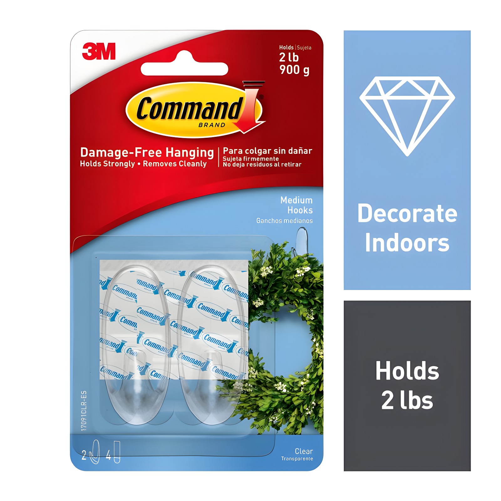 Command Medium Sized Decorative Hooks Clear: Adhesive Hooks for Wreaths, Outdoor Use, 2 Pack, 2 lb Capacity