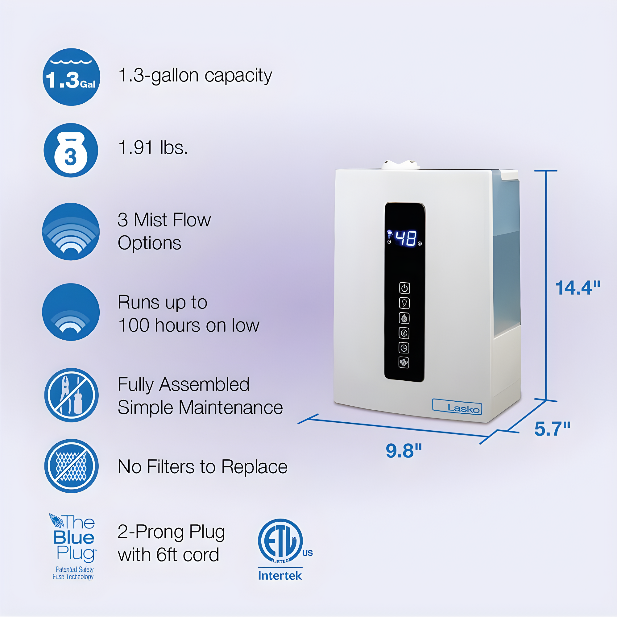 Lasko Lasko Dual Mist Ultrasonic Console Humidifier with Adjustable Humidistat