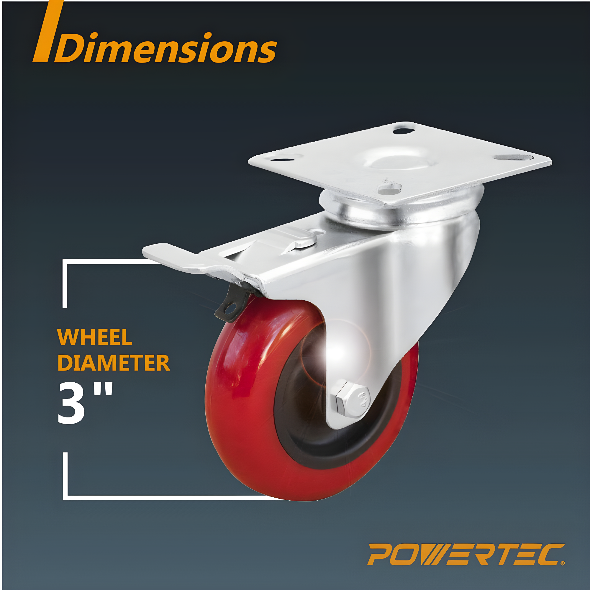 POWERTEC 4PK 3-Inch Swivel Caster Wheels with Brake & 640 lbs Loads, Heavy Duty Plate Casters, Dual Locking PU Castor Wheels for Furniture, Cart, Dolly and Workbench, 17205