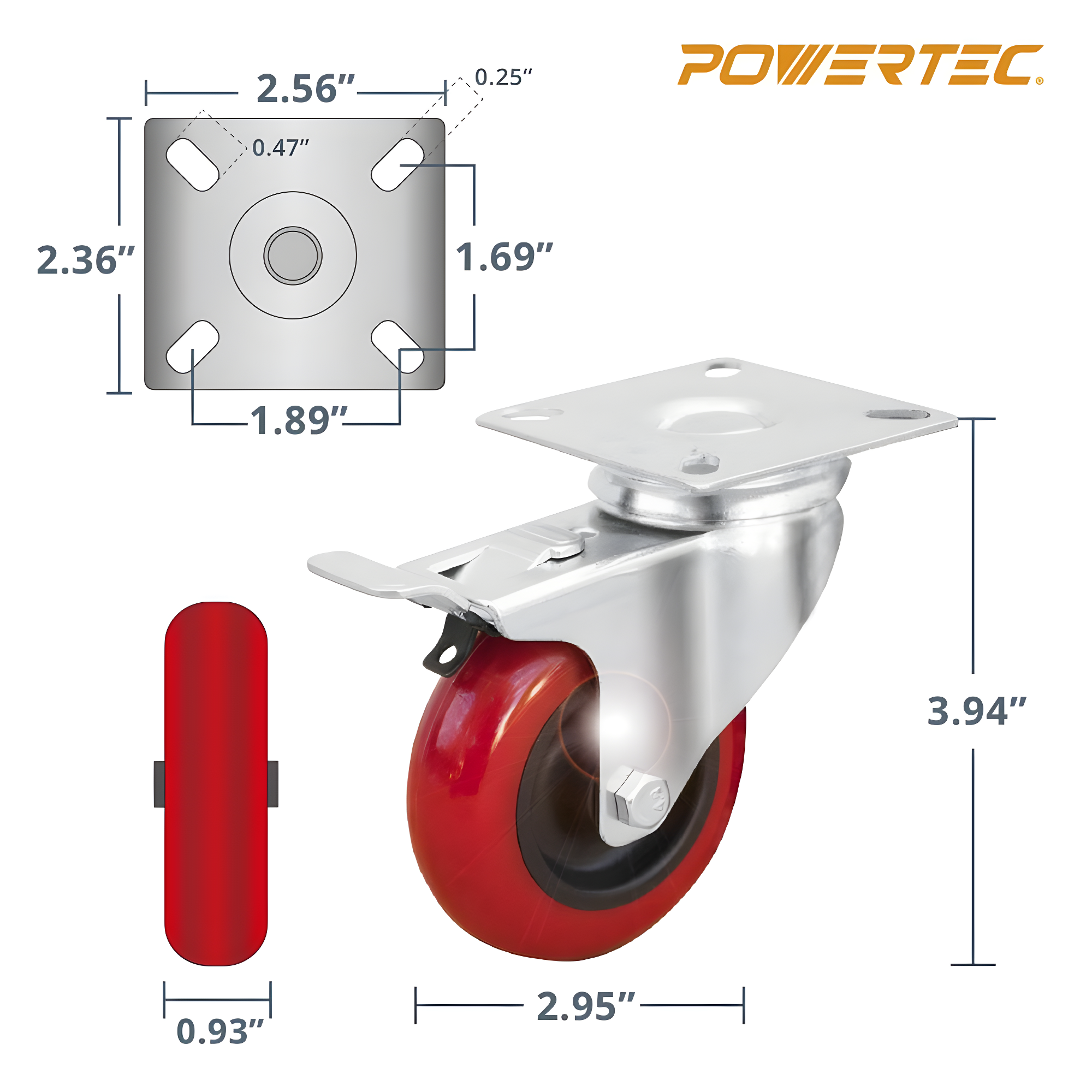 POWERTEC 4PK 3-Inch Swivel Caster Wheels with Brake & 640 lbs Loads, Heavy Duty Plate Casters, Dual Locking PU Castor Wheels for Furniture, Cart, Dolly and Workbench, 17205