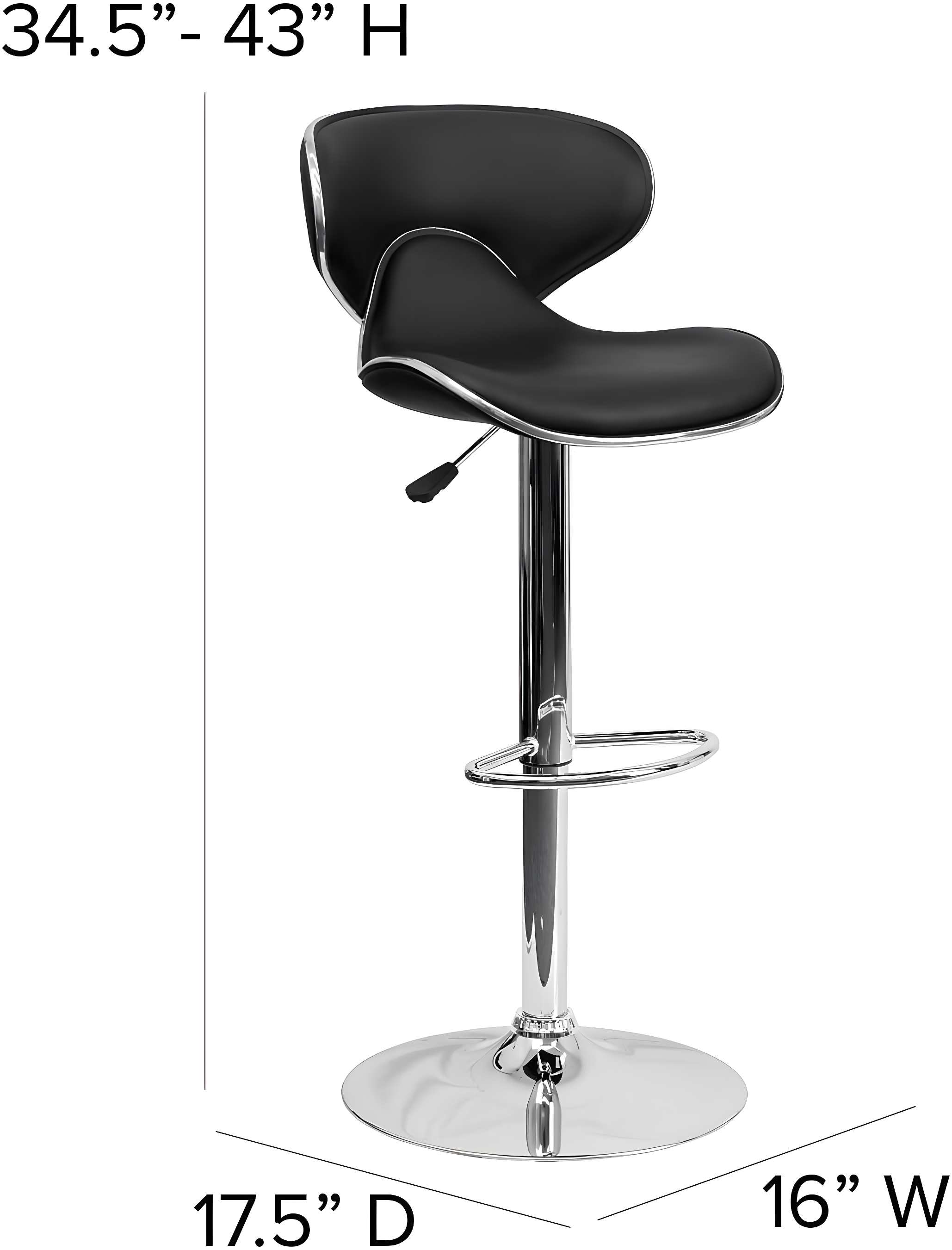 Flash Furniture Contemporary Cozy Mid-Back Black Vinyl Adjustable Height Barstool with Chrome Base