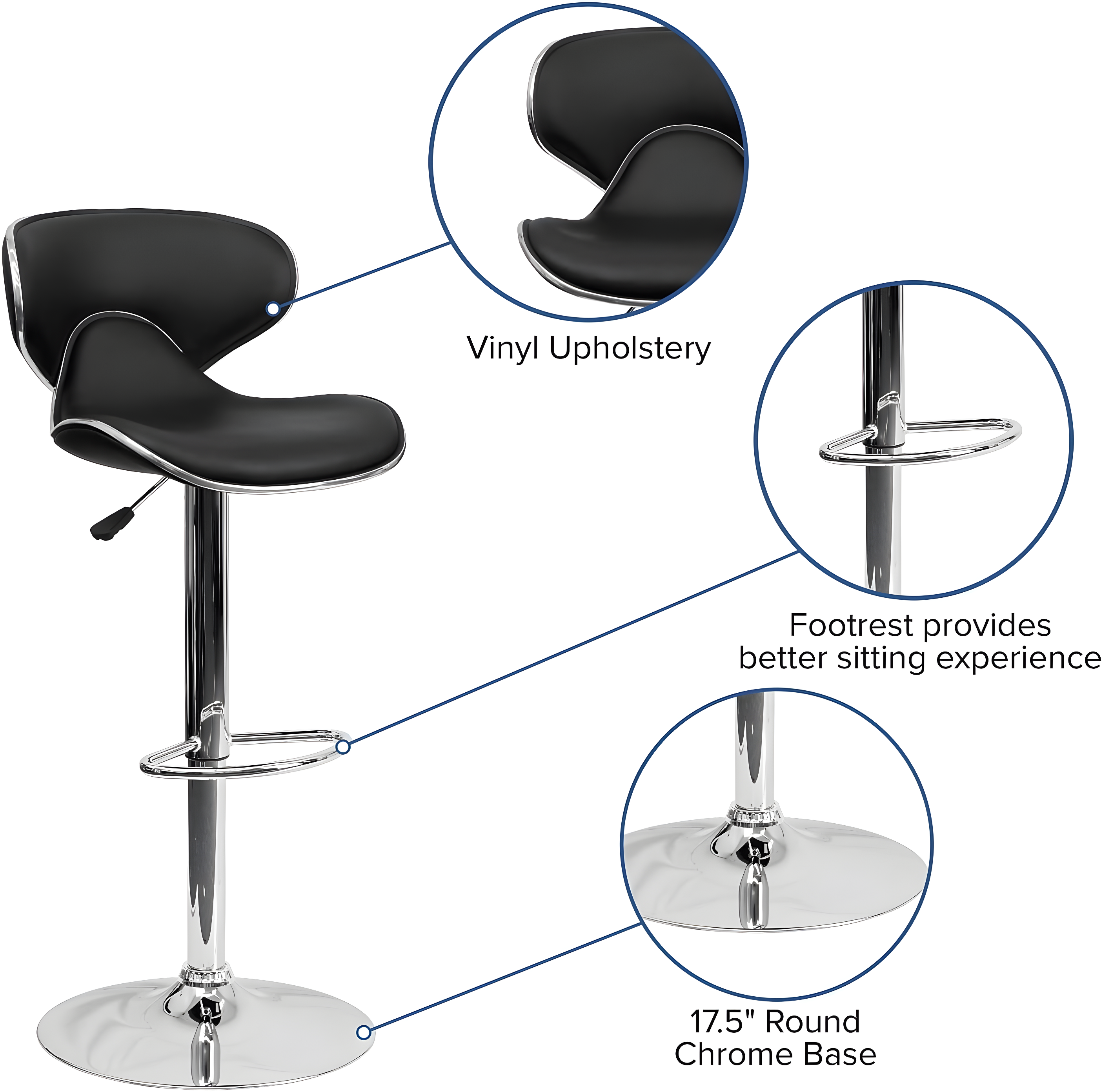 Flash Furniture Contemporary Cozy Mid-Back Black Vinyl Adjustable Height Barstool with Chrome Base