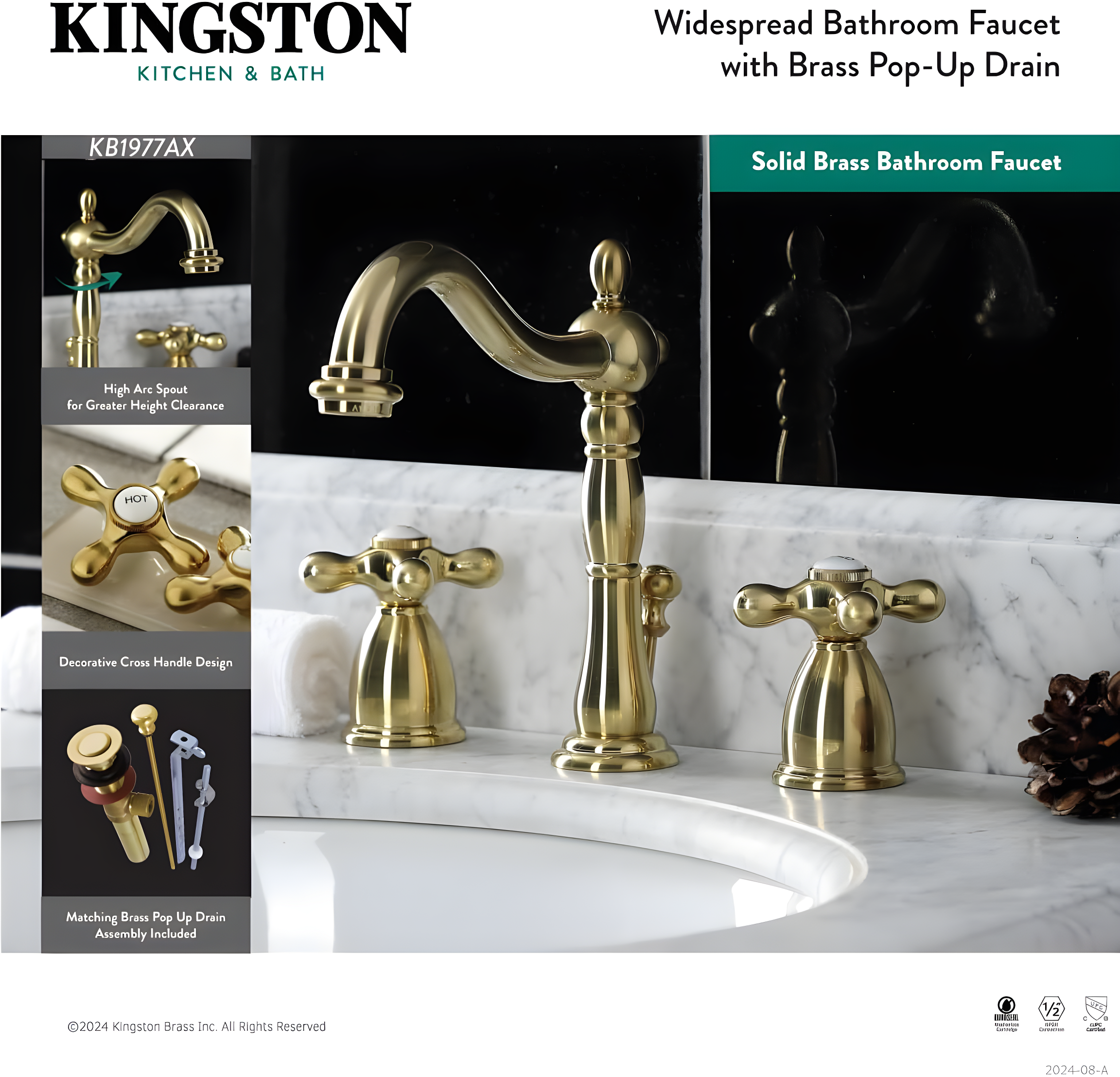 Kingston Brass Heritage Two-Handle 3-Hole Deck Mount Widespread Bathroom Faucet with Pop-Up Drain