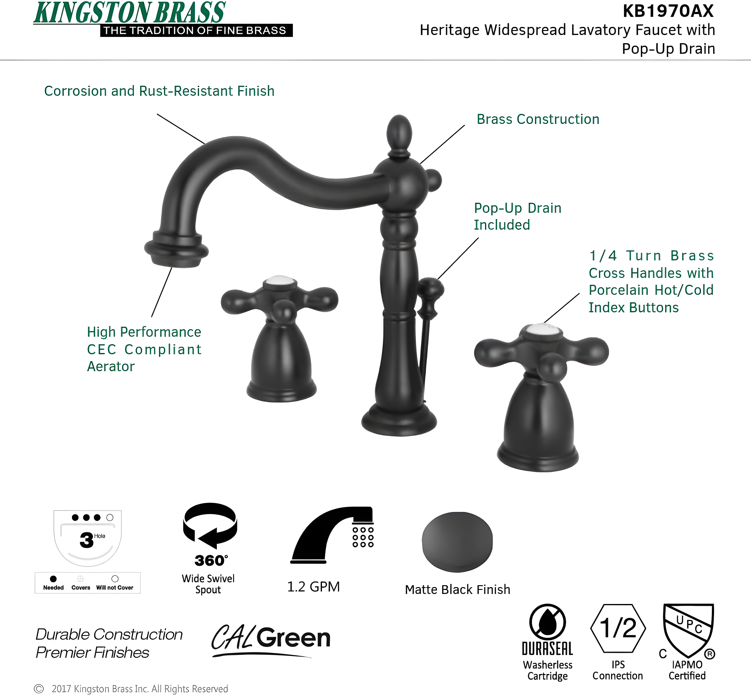 Kingston Brass Heritage Two-Handle 3-Hole Deck Mount Widespread Bathroom Faucet with Pop-Up Drain