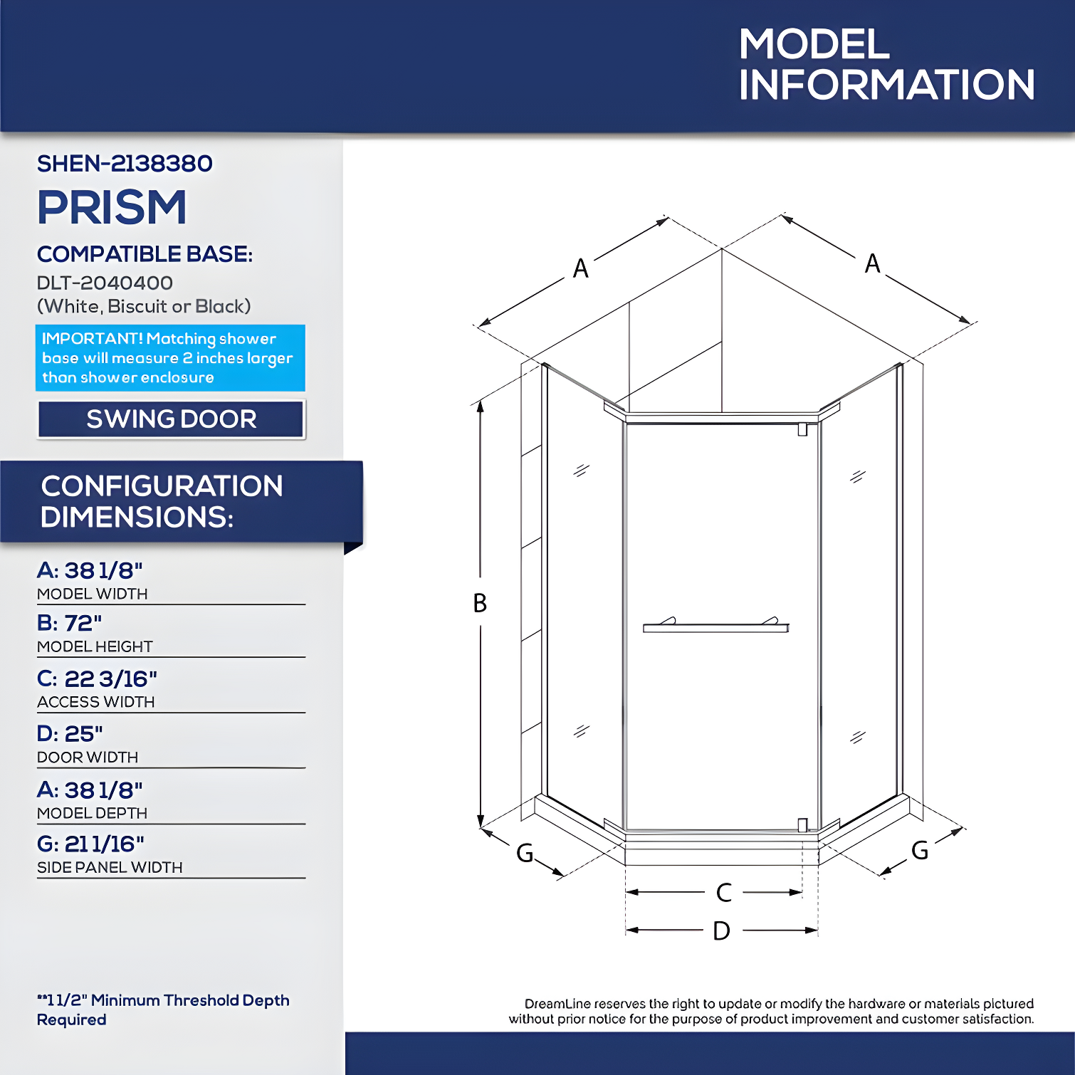 DreamLine Prism 40" x 74.75" Neo-Angle Pivot Shower Enclosure