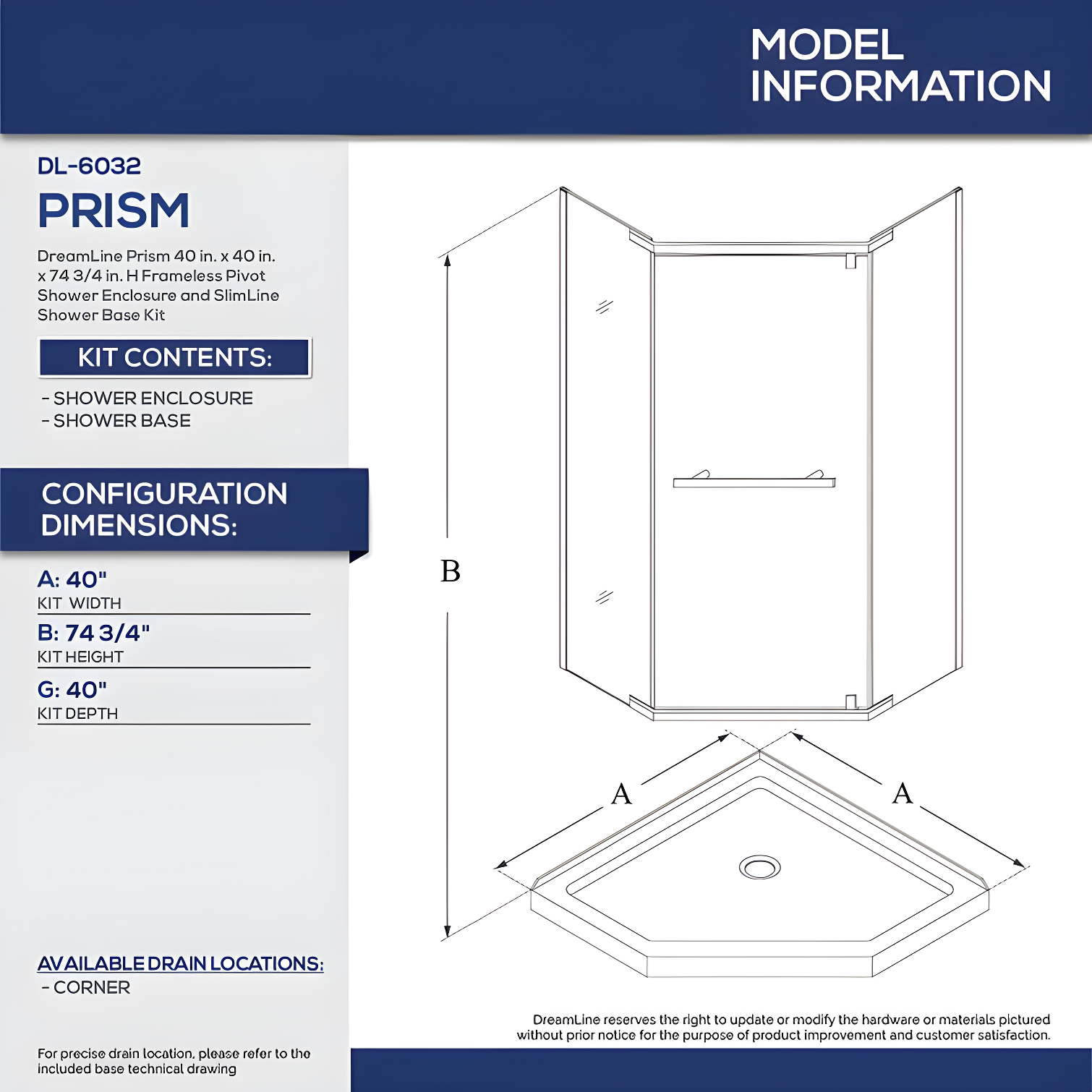 DreamLine Prism 40" x 74.75" Neo-Angle Pivot Shower Enclosure