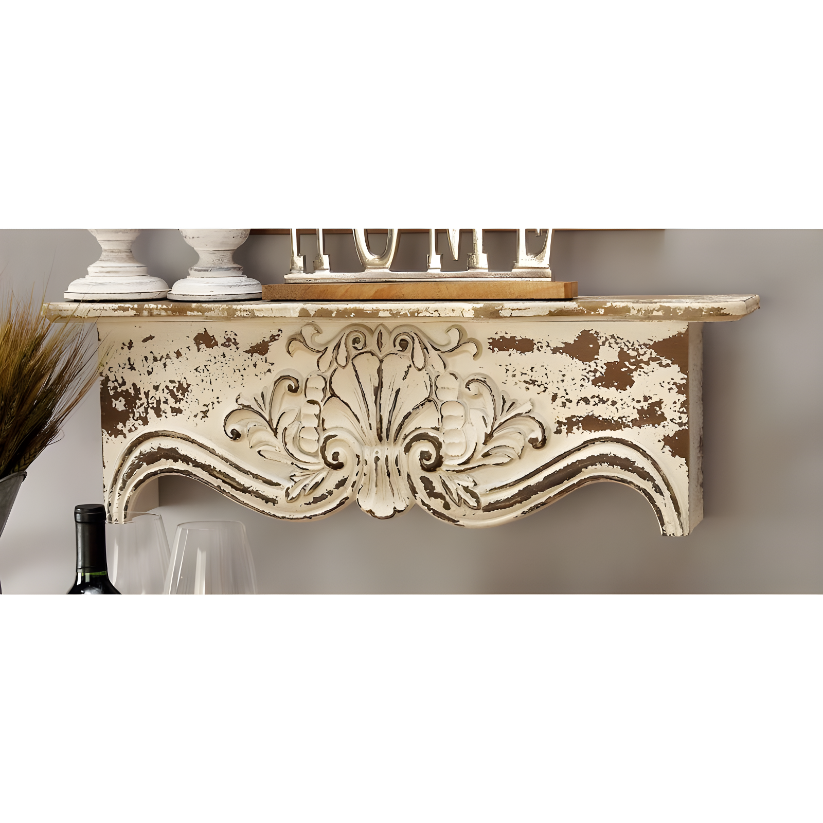 Kelly Clarkson Home Elicia White Wood Scroll Distressed 1 Shelf Room Wall Shelf