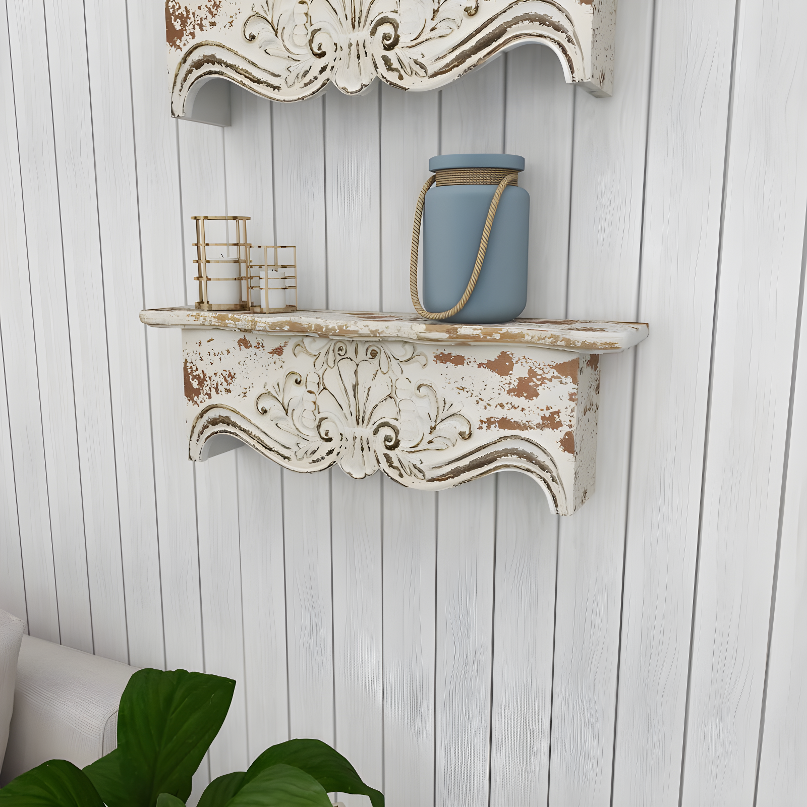Kelly Clarkson Home Elicia White Wood Scroll Distressed 1 Shelf Room Wall Shelf