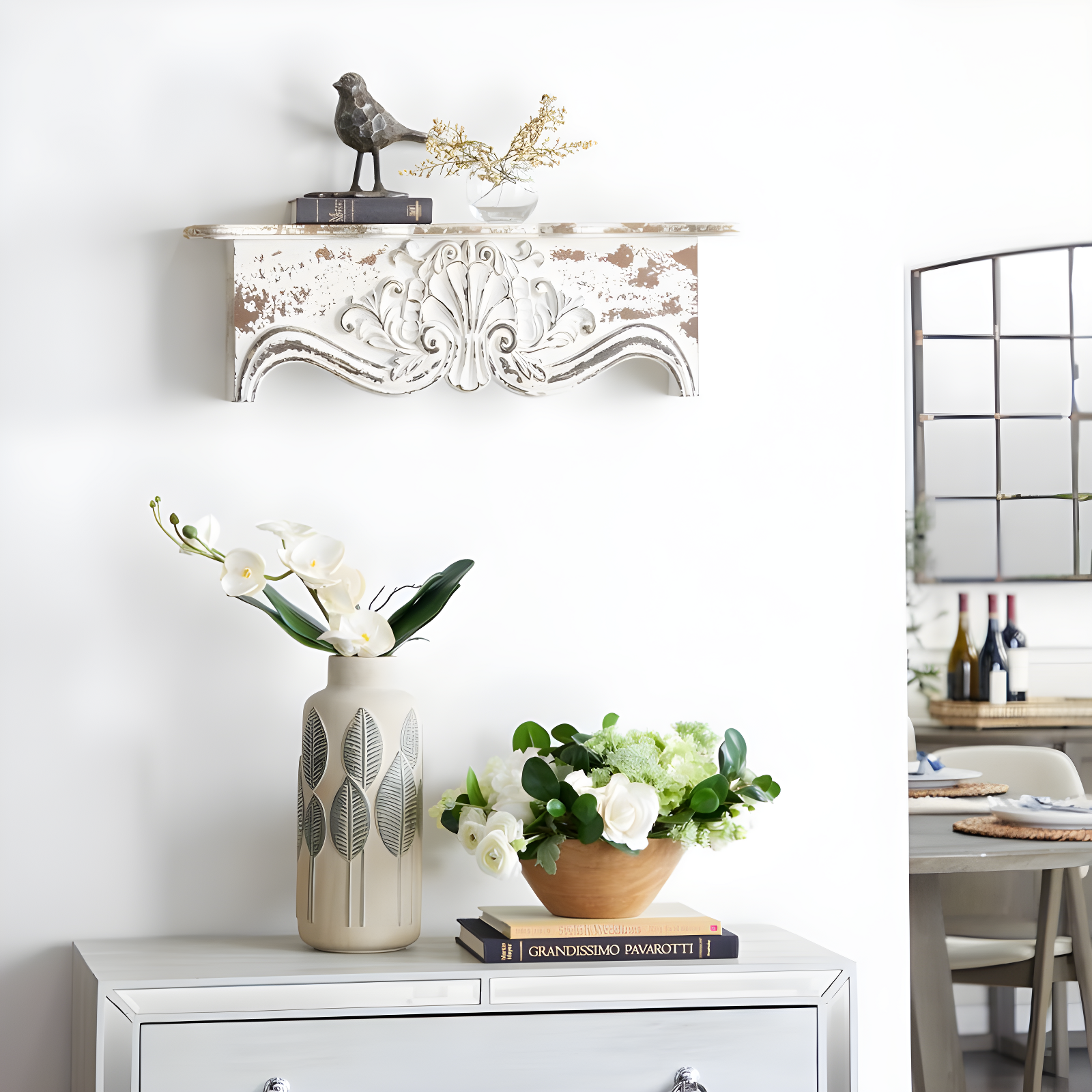 Kelly Clarkson Home Elicia White Wood Scroll Distressed 1 Shelf Room Wall Shelf
