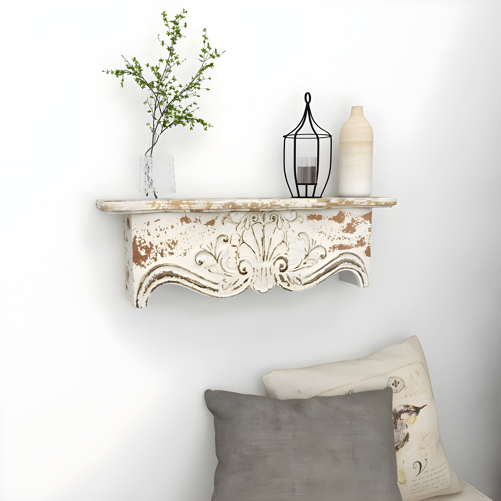 Kelly Clarkson Home Elicia White Wood Scroll Distressed 1 Shelf Room Wall Shelf