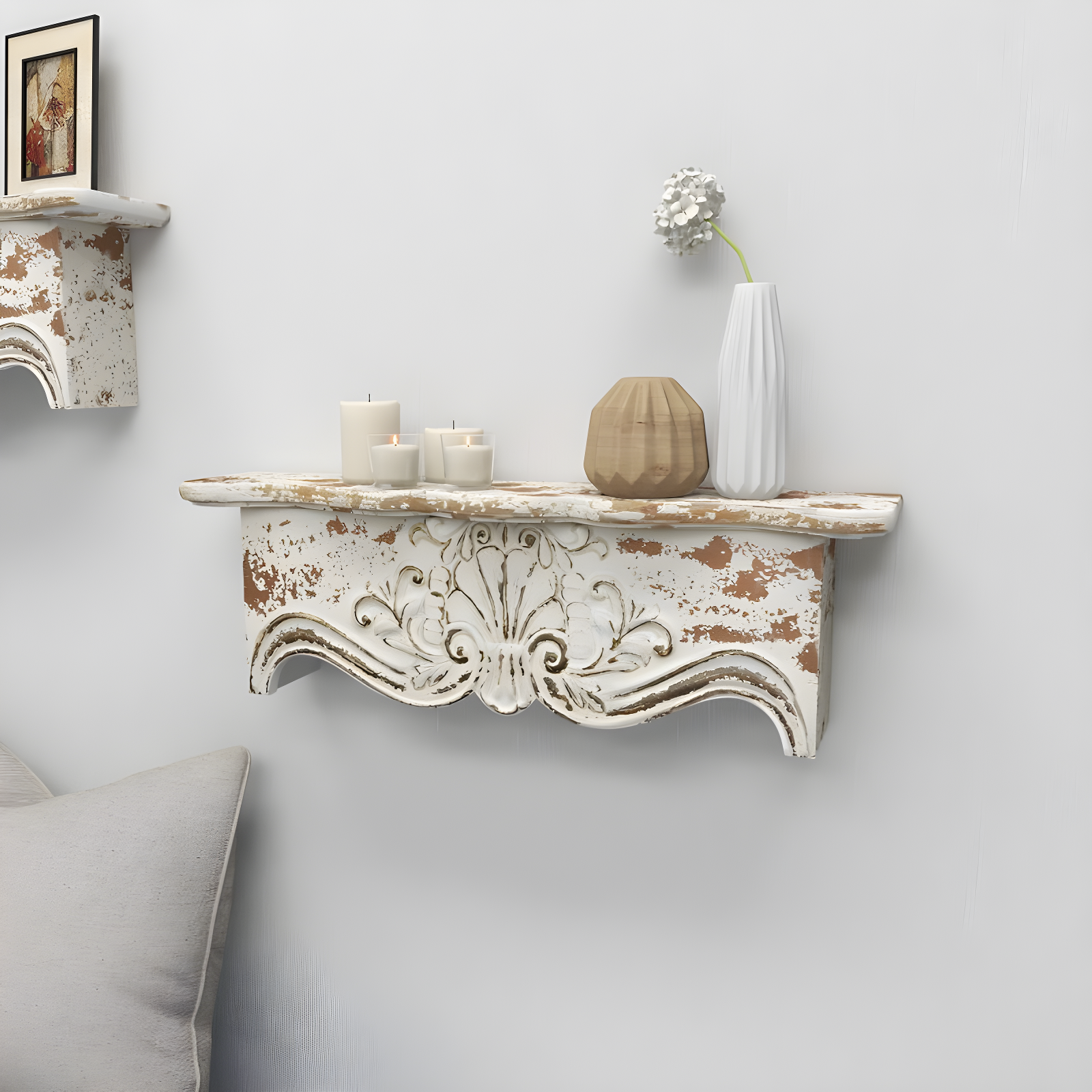 Kelly Clarkson Home Elicia White Wood Scroll Distressed 1 Shelf Room Wall Shelf