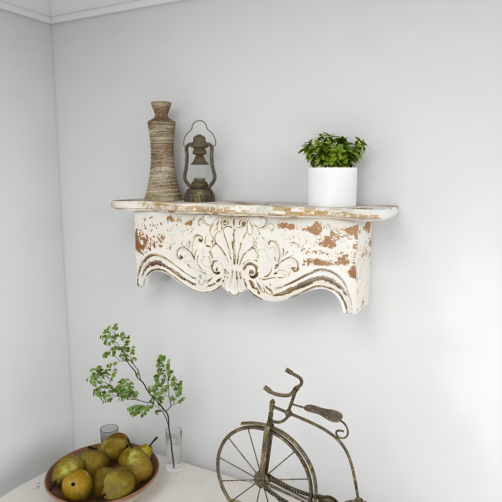 Kelly Clarkson Home Elicia White Wood Scroll Distressed 1 Shelf Room Wall Shelf
