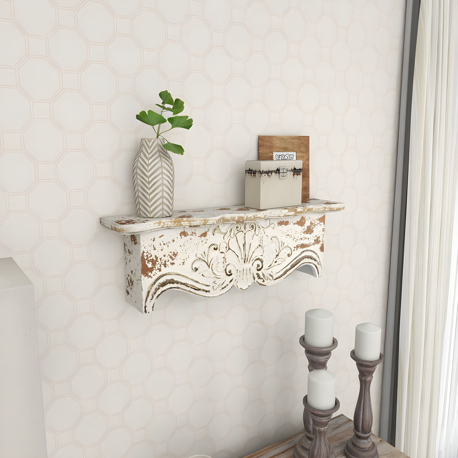 Kelly Clarkson Home Elicia White Wood Scroll Distressed 1 Shelf Room Wall Shelf
