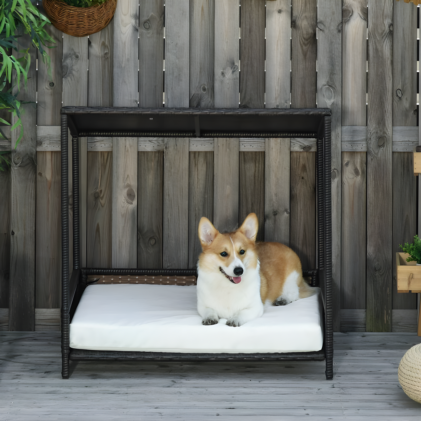 PawHut Wicker Dog House Raised Rattan Puppy Bed Cat Shelter for Indoor Outdoor Garden Patio Pet Sofa with Removable Cushion for Medium Sized Pet Brown