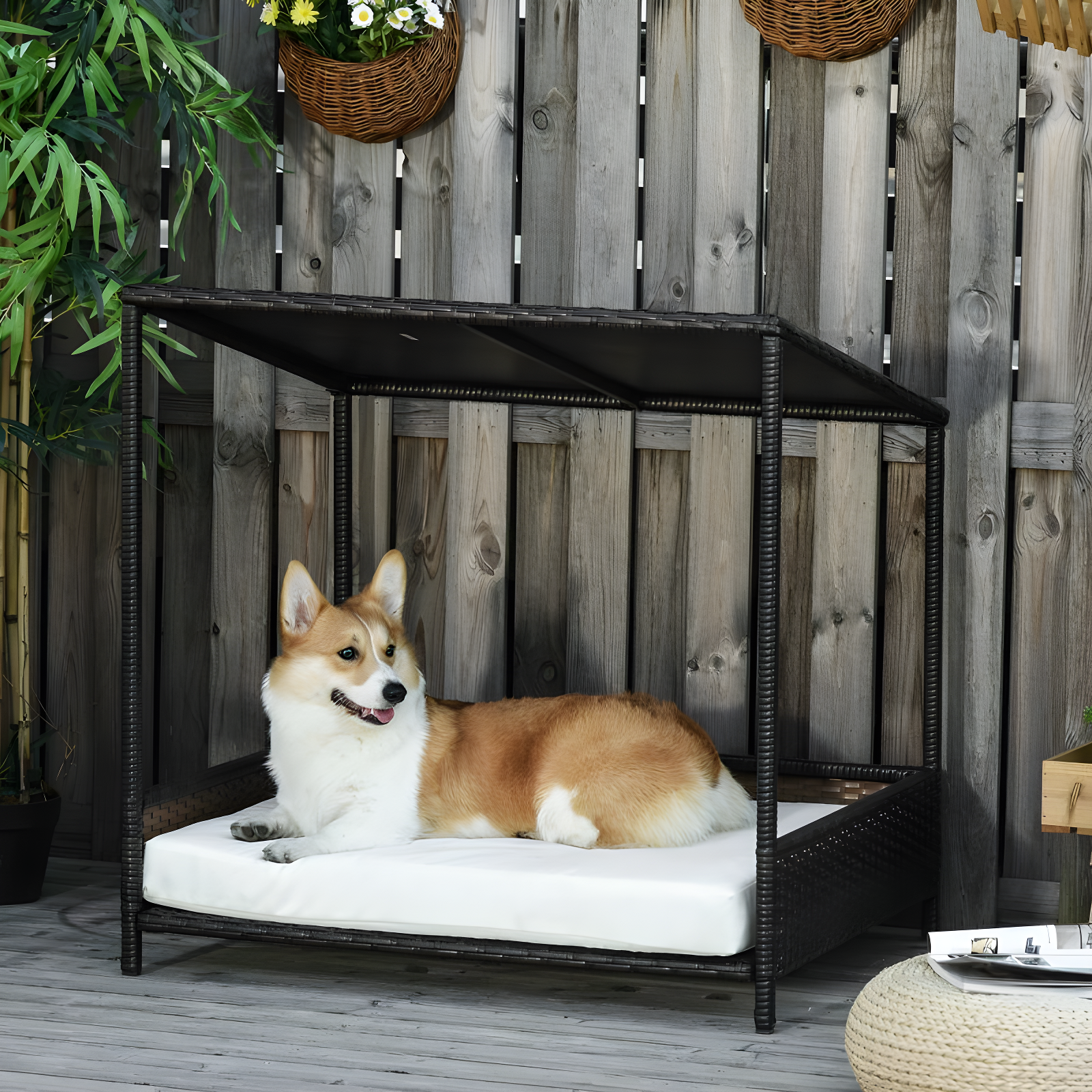 PawHut Wicker Dog House Raised Rattan Puppy Bed Cat Shelter for Indoor Outdoor Garden Patio Pet Sofa with Removable Cushion for Medium Sized Pet Brown