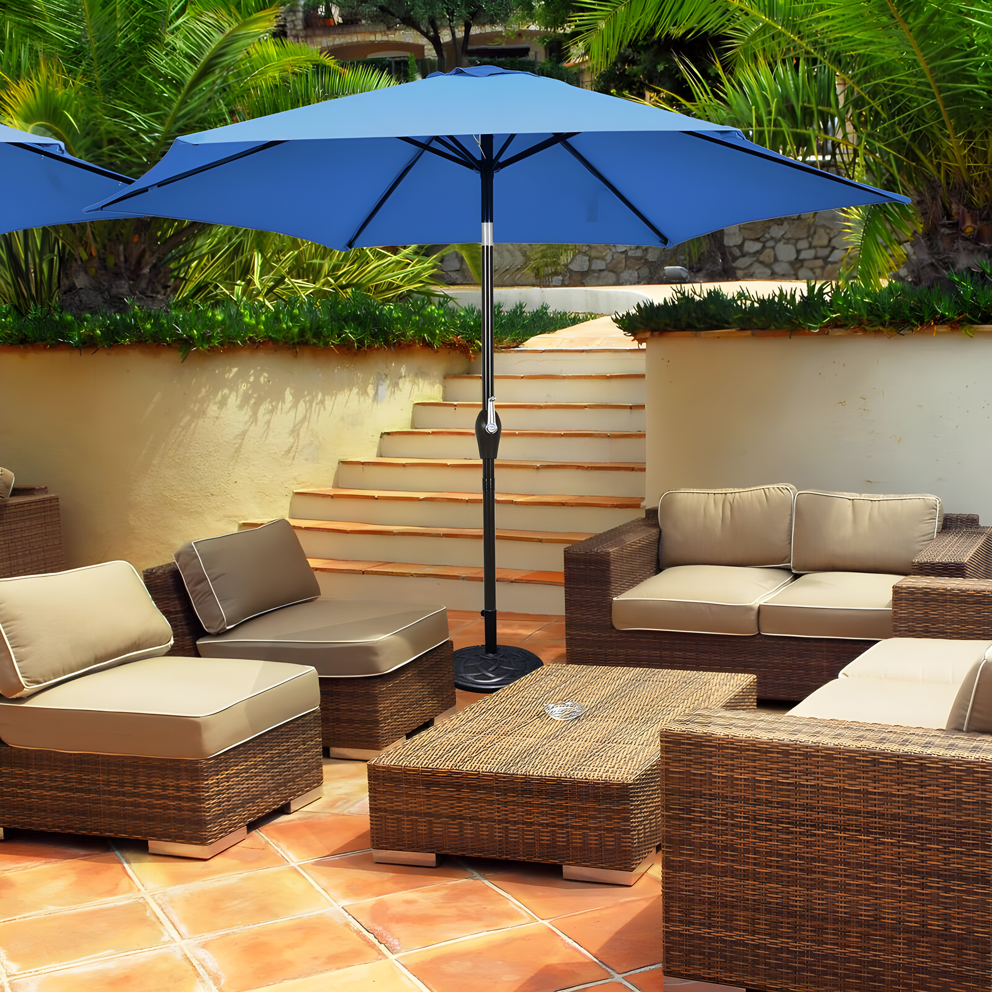 Resenkos 9 ft Outdoor Market Patio Table Umbrella Push Button Tilt Crank Lift-Blue, Patio Offset Umbrella with Easy Tilt Adjustment, Outdoor Hanging Umbrella, Sunshade Umbrella Canopy