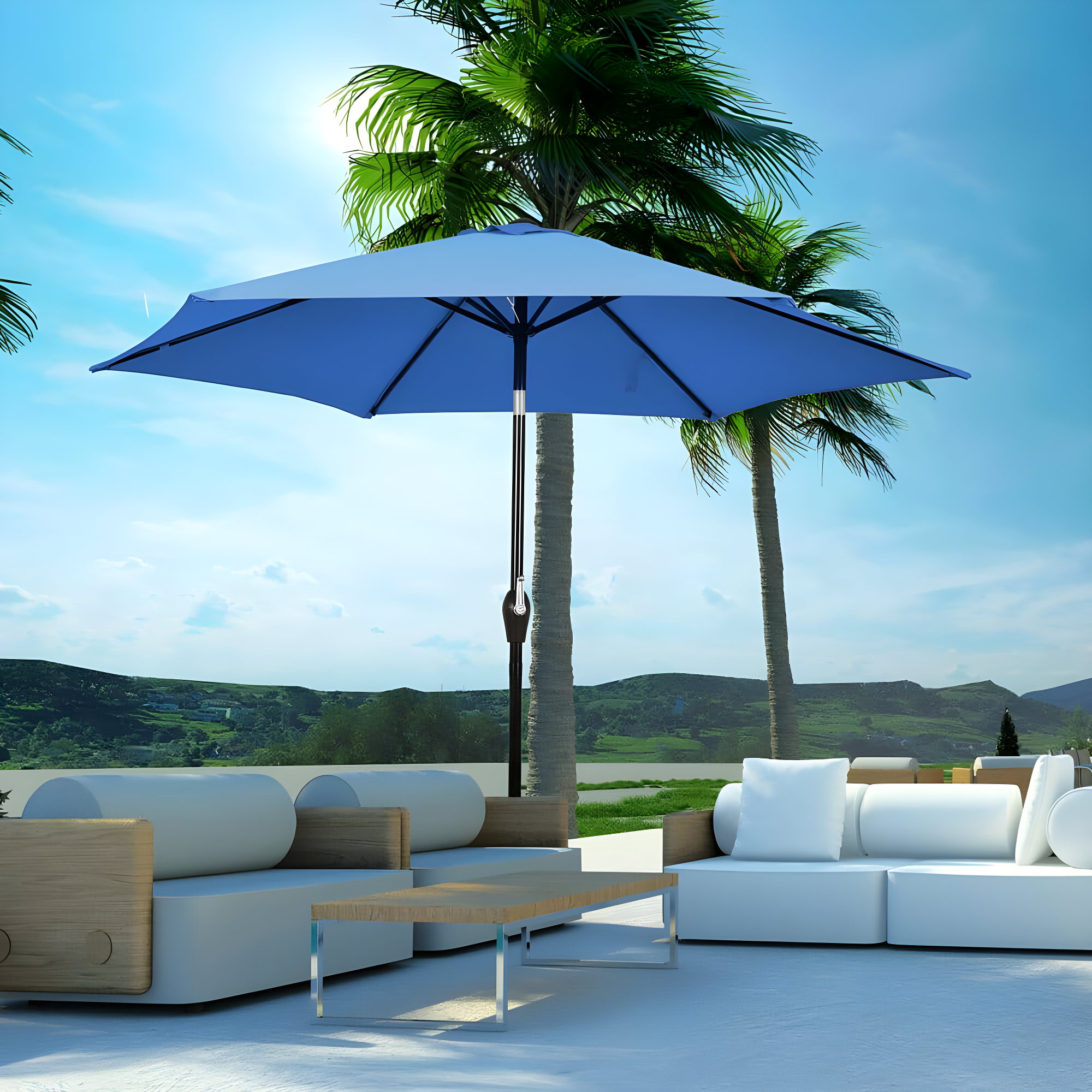 Resenkos 9 ft Outdoor Market Patio Table Umbrella Push Button Tilt Crank Lift-Blue, Patio Offset Umbrella with Easy Tilt Adjustment, Outdoor Hanging Umbrella, Sunshade Umbrella Canopy