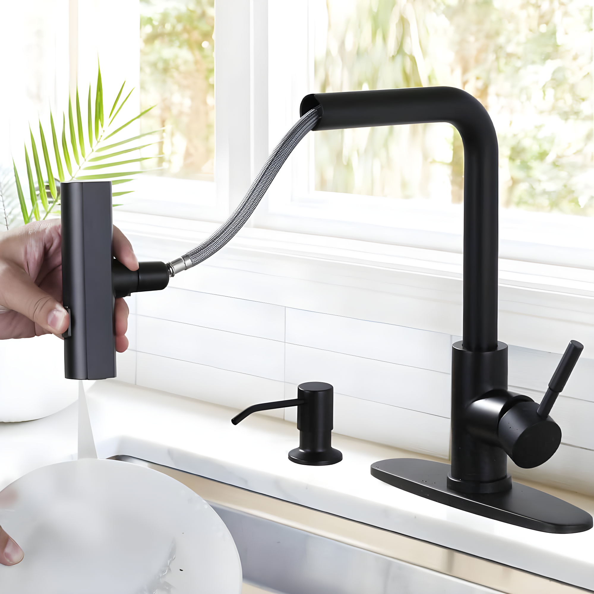 Waterfall Kitchen Faucet with Pull Down Sprayer, Stainless Kitchen Faucet with Sprayer 3 Modes
