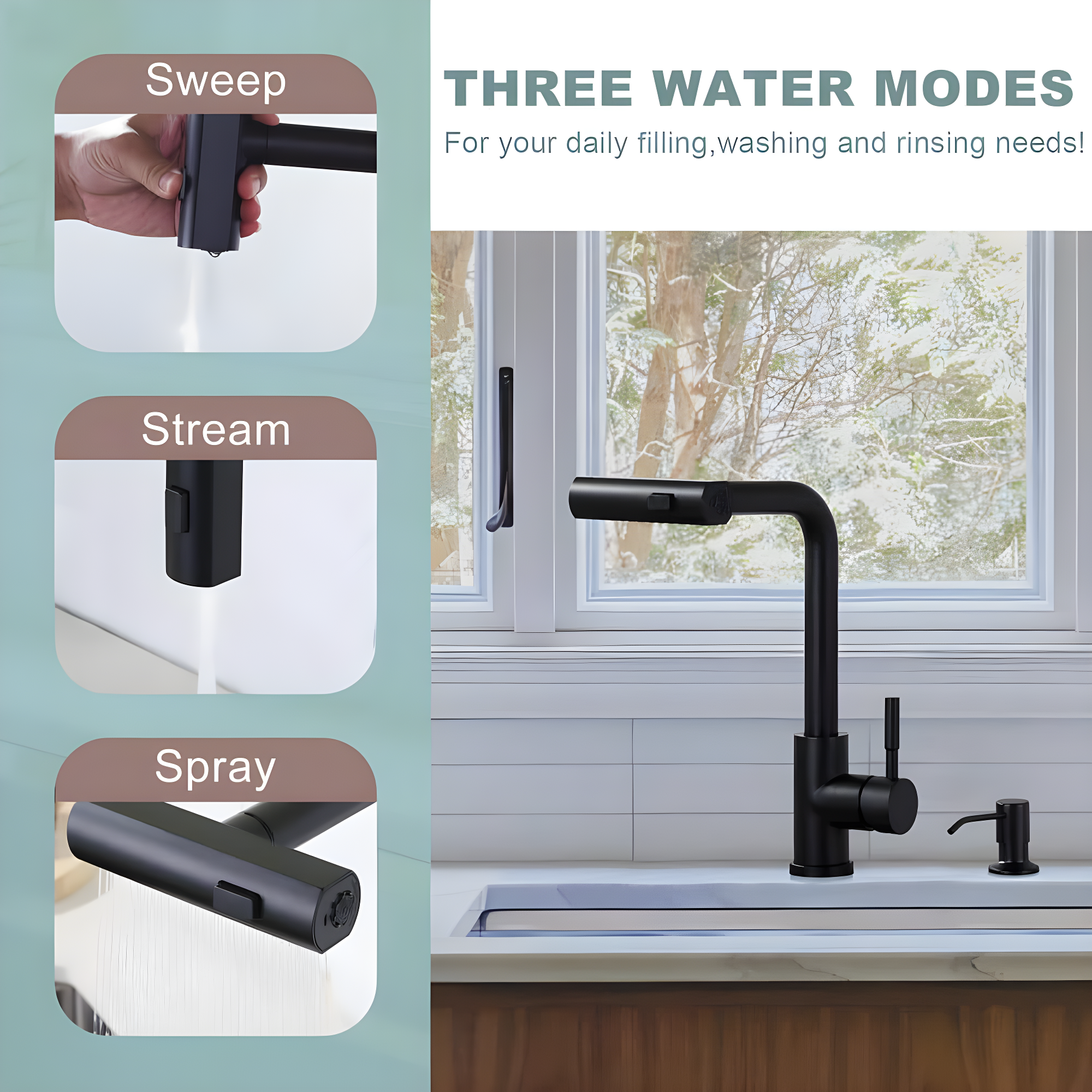 Waterfall Kitchen Faucet with Pull Down Sprayer, Stainless Kitchen Faucet with Sprayer 3 Modes