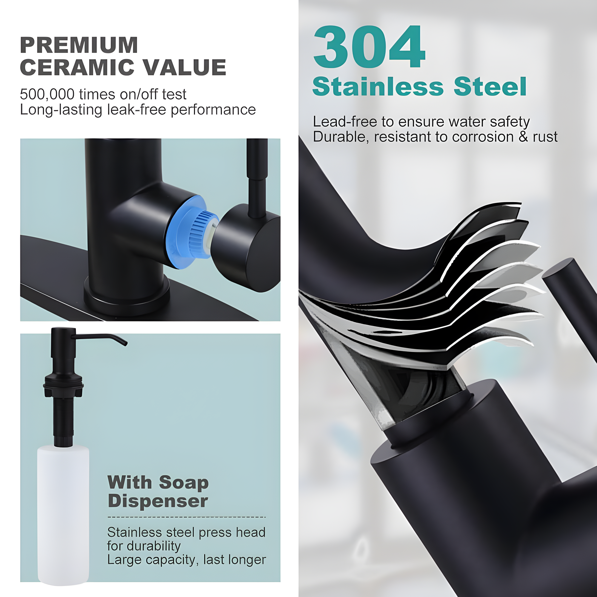 Waterfall Kitchen Faucet with Pull Down Sprayer, Stainless Kitchen Faucet with Sprayer 3 Modes