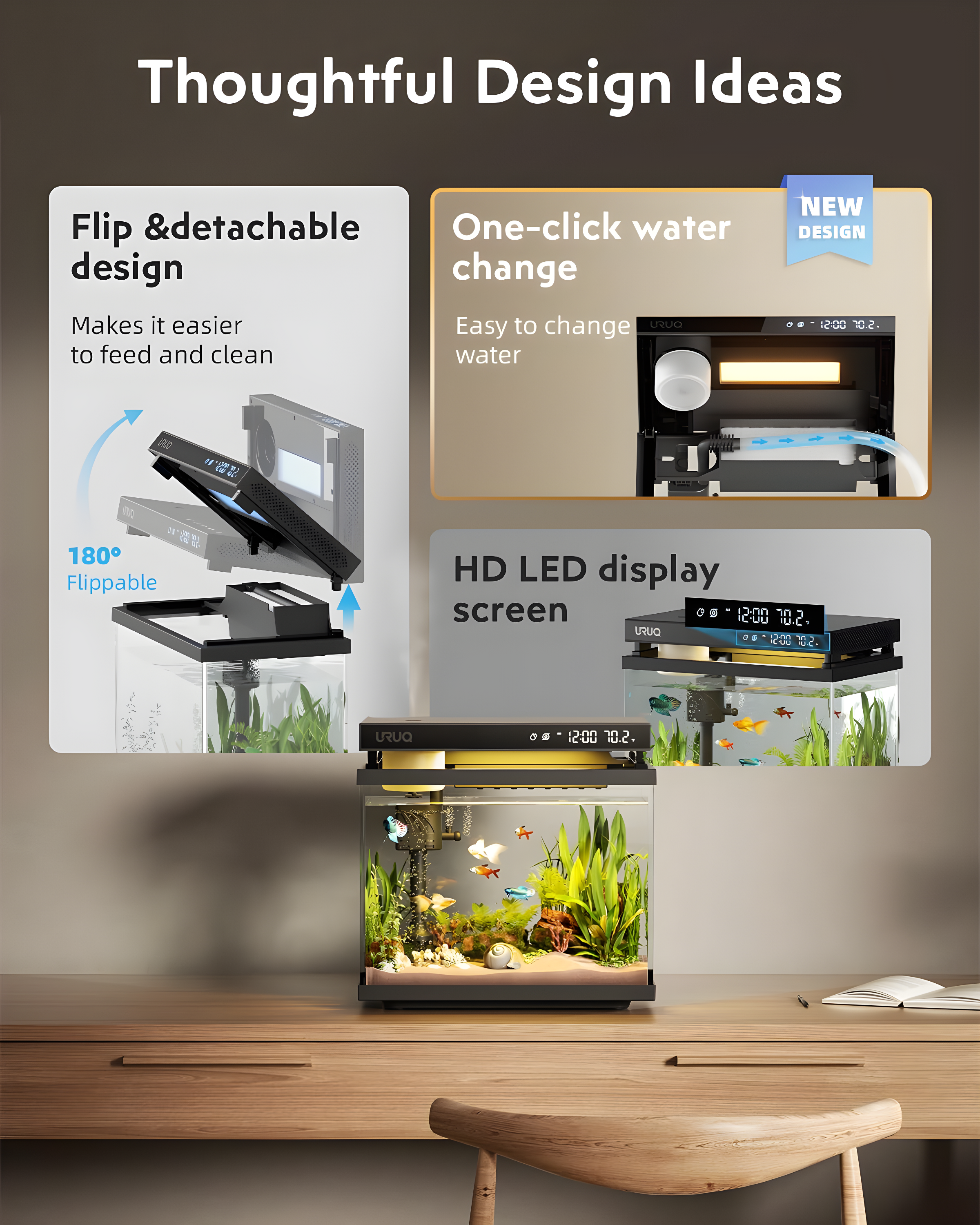 Latitude Run® Fish Tank Smart Aquarium Kit: 2 Gallon UHD Glass Silent Water Pump Self Cleaning Multi Layer Filtration System - Temperature Sensing 7-Color Lighting For Small Fish Betta Kids Room Desktop Decor