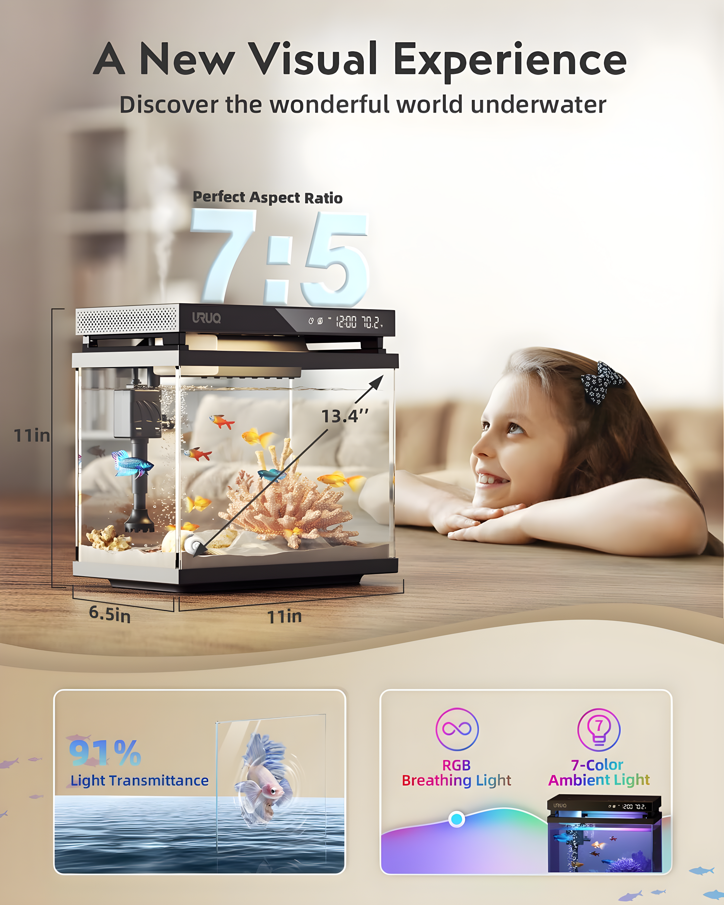 Latitude Run® Fish Tank Smart Aquarium Kit: 2 Gallon UHD Glass Silent Water Pump Self Cleaning Multi Layer Filtration System - Temperature Sensing 7-Color Lighting For Small Fish Betta Kids Room Desktop Decor