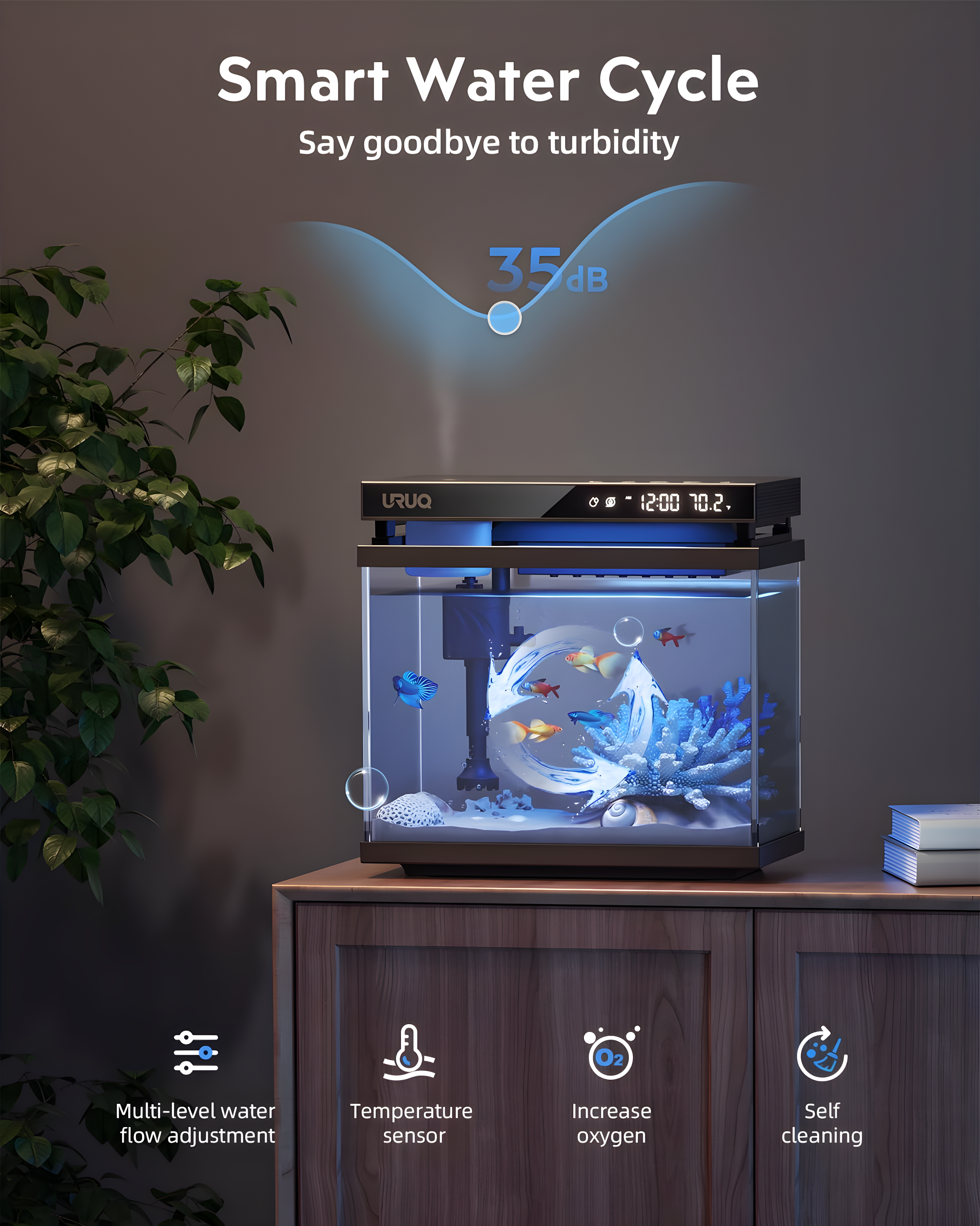 Latitude Run® Fish Tank Smart Aquarium Kit: 2 Gallon UHD Glass Silent Water Pump Self Cleaning Multi Layer Filtration System - Temperature Sensing 7-Color Lighting For Small Fish Betta Kids Room Desktop Decor