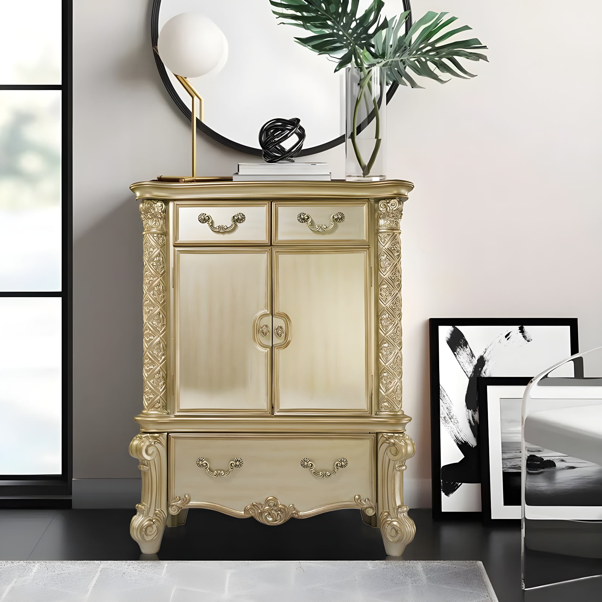44" Vendome Bedroom Set Gold Patina/Bone White - Acme Furniture: Traditional Hand-Carved, 5 Drawers, 2 Doors
