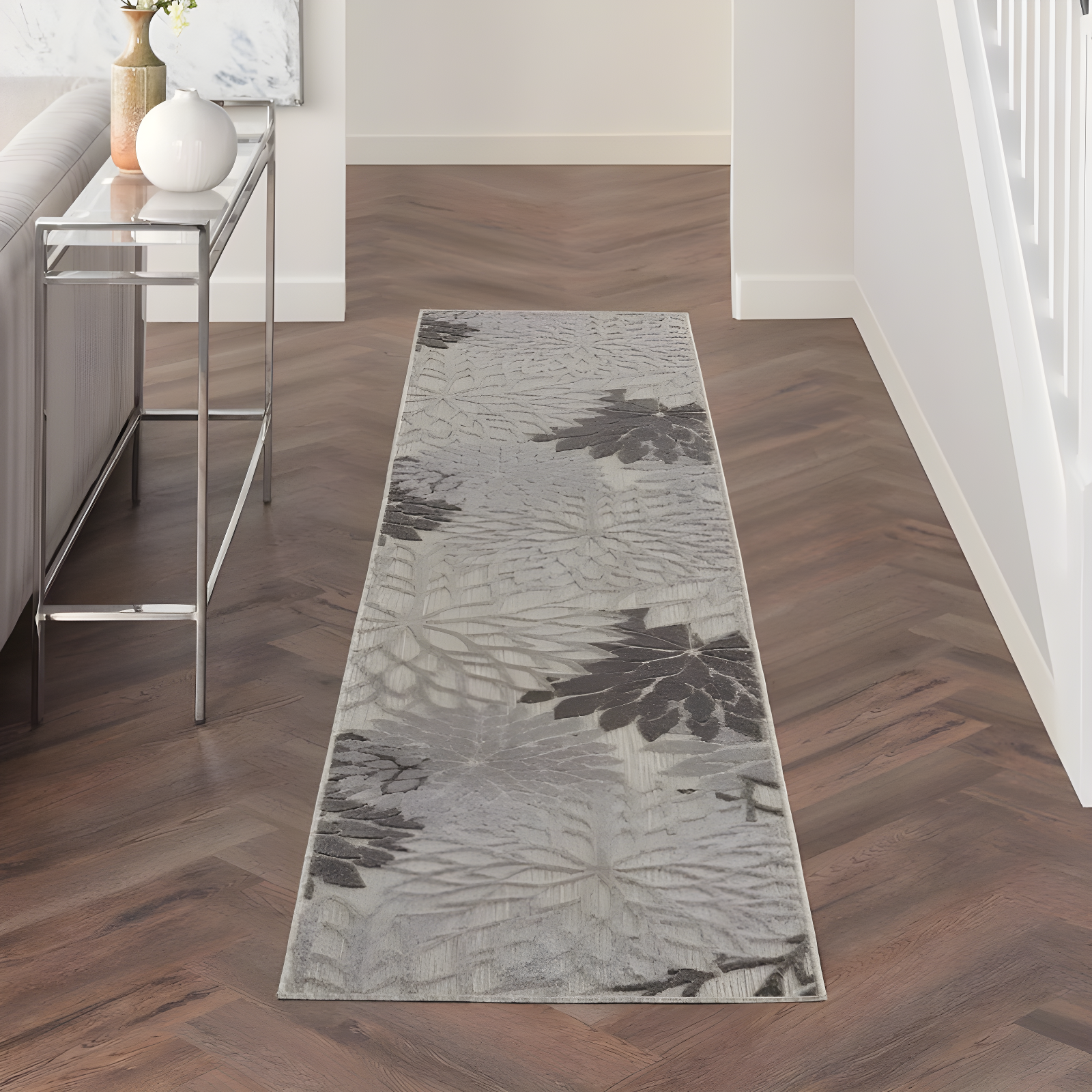 Nourison Aloha Floral Bloom Flatweave High-Low Indoor Outdoor Runner Rug Silver Grey 2'3" x 12'