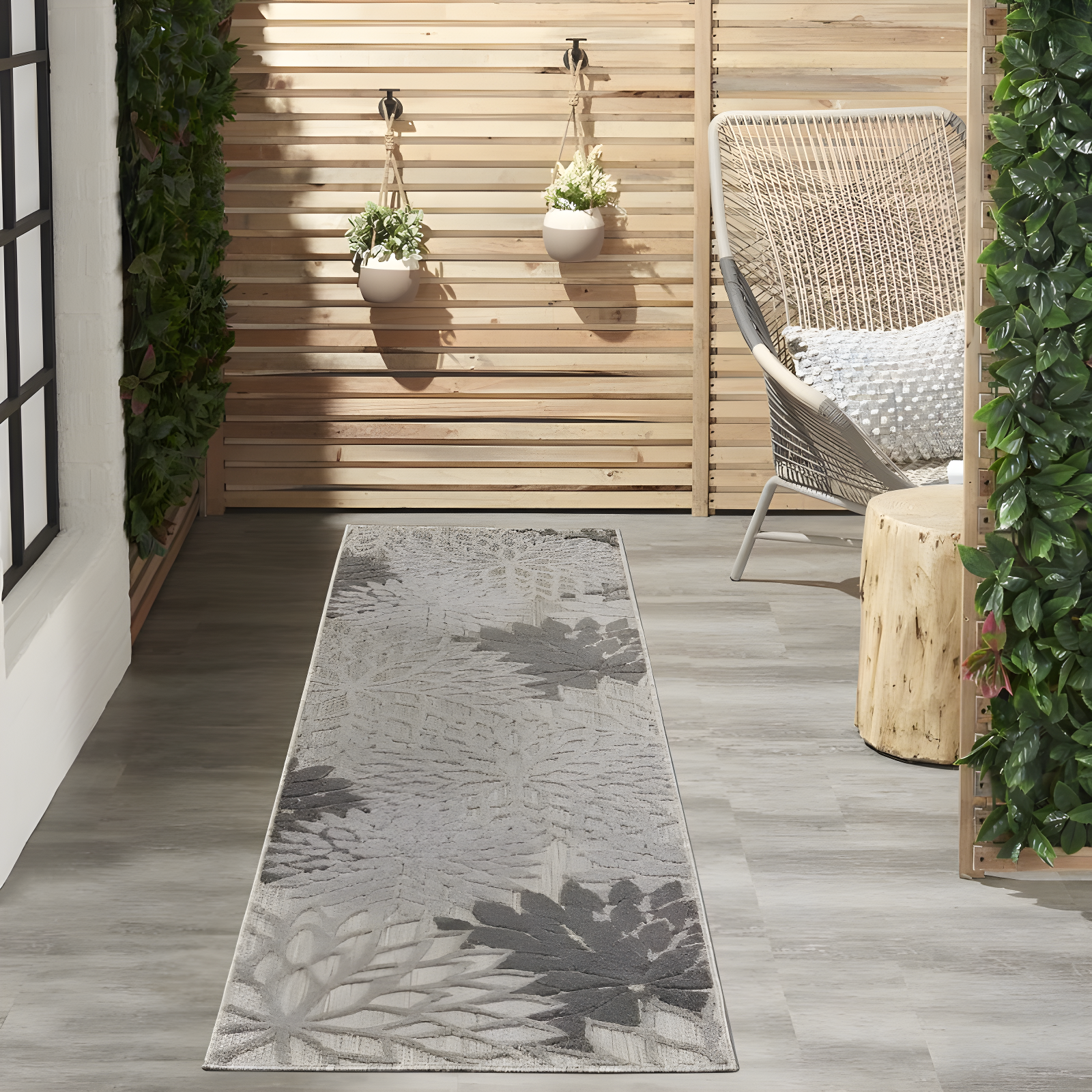 Nourison Aloha Floral Bloom Flatweave High-Low Indoor Outdoor Runner Rug Silver Grey 2'3" x 12'
