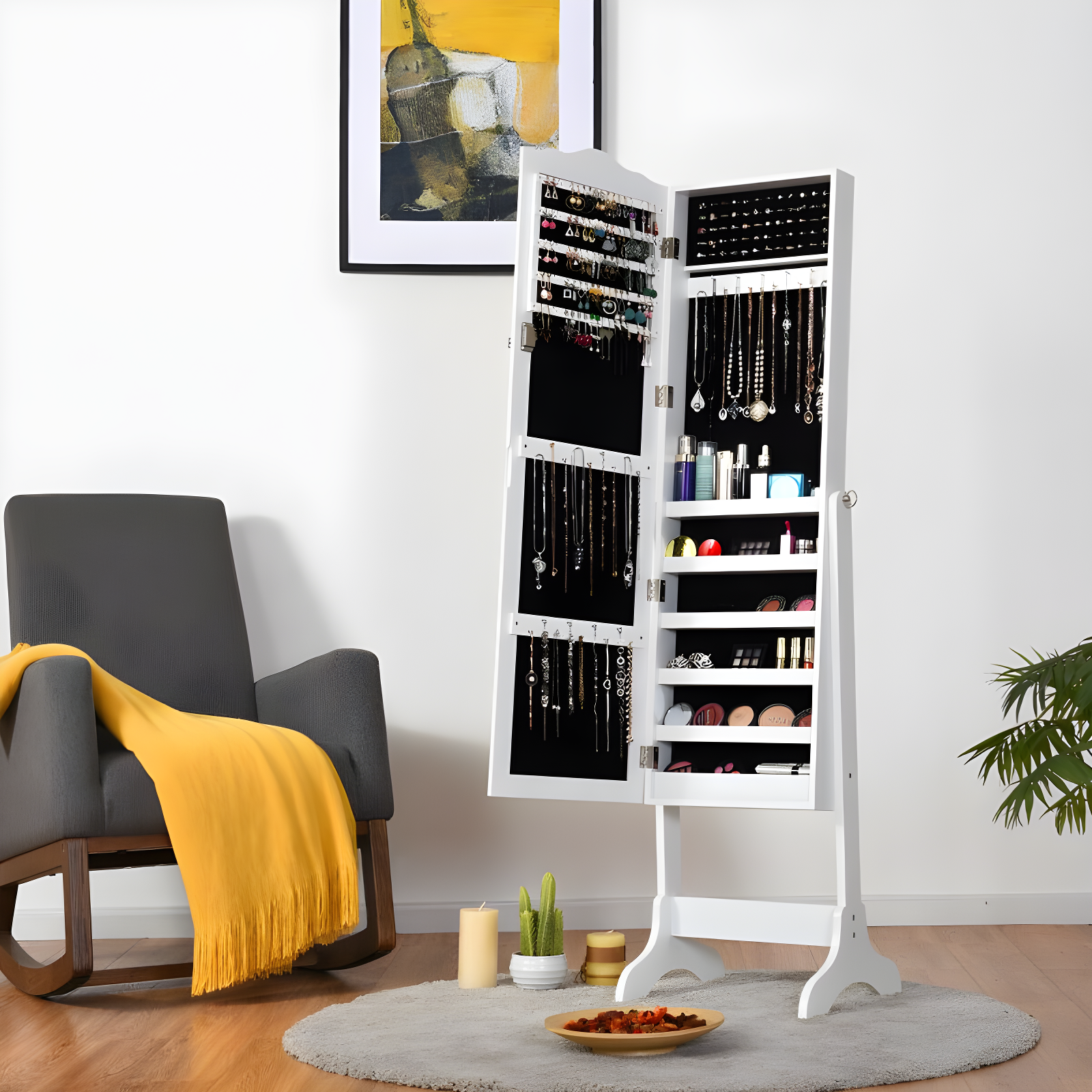 Costway Mirrored Jewelry Cabinet Organizer Storage Box White