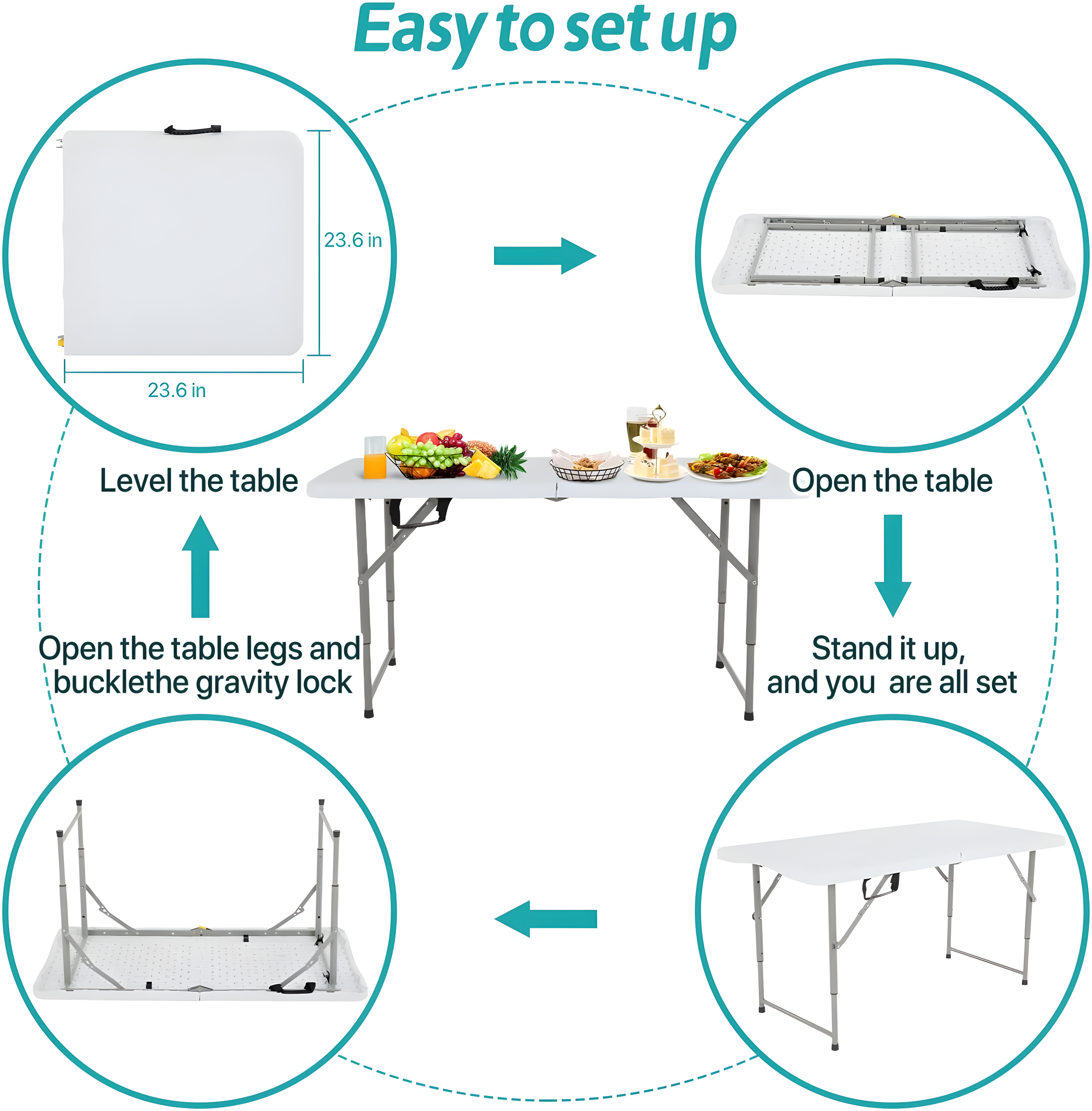 CL.HPAHKL 4 ft Folding Table with 3 Adjustable Height, Small Plastic Foldable Table with Carrying Handle, Portable Camping Table Fold in Half for Indoor Outdoor Camping, Picnic and Party, White