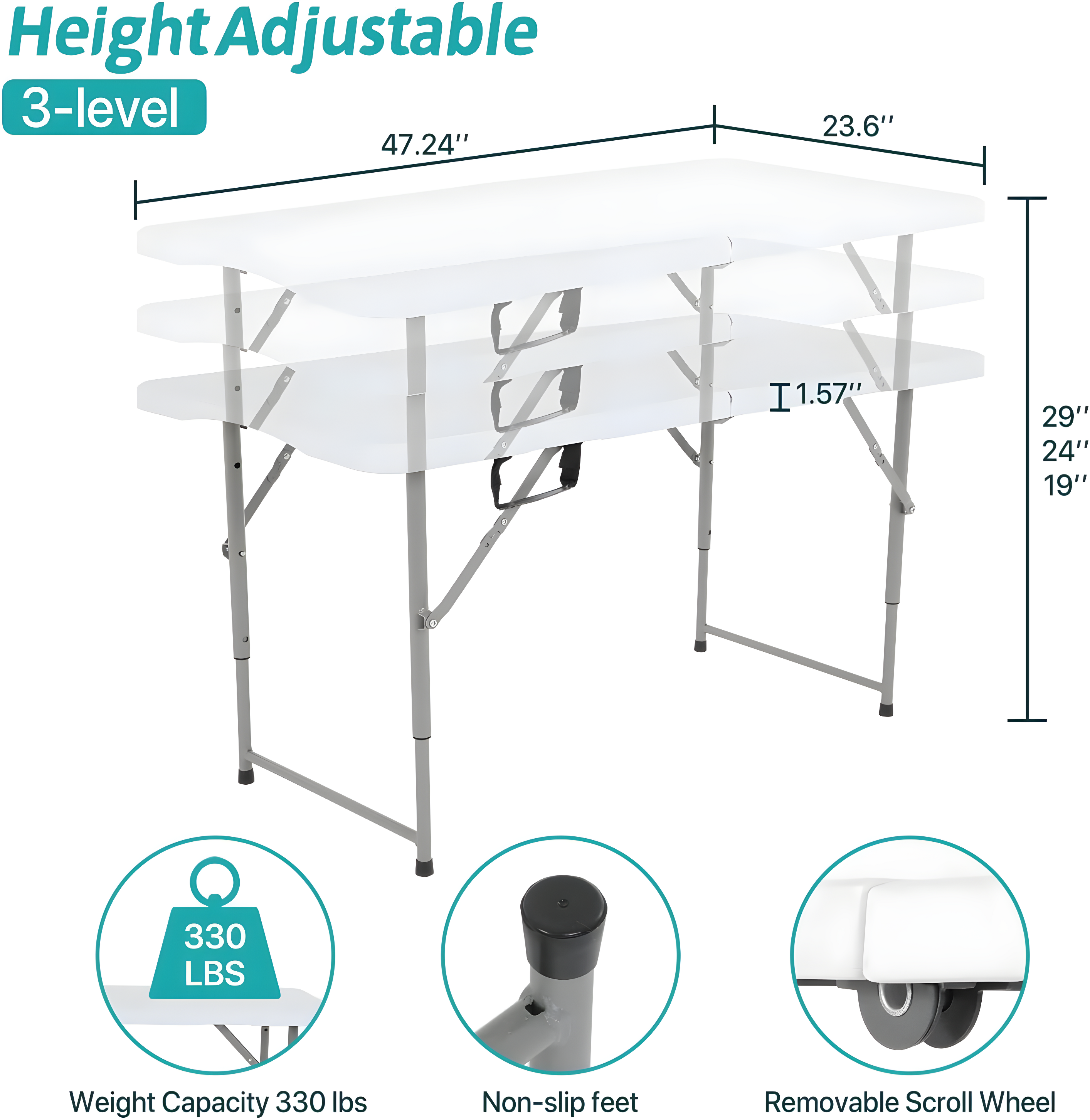 CL.HPAHKL 4 ft Folding Table with 3 Adjustable Height, Small Plastic Foldable Table with Carrying Handle, Portable Camping Table Fold in Half for Indoor Outdoor Camping, Picnic and Party, White