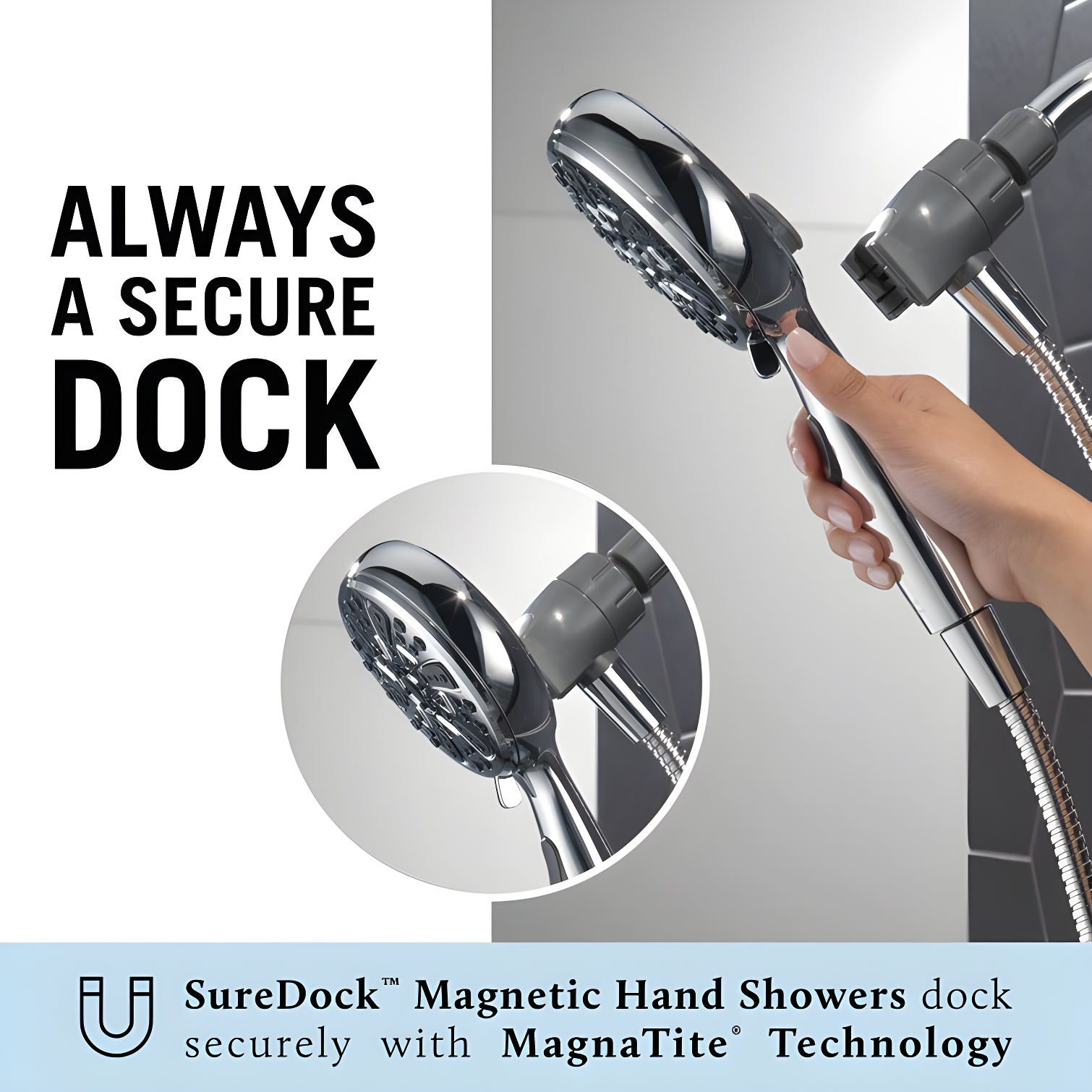 SureDock Magnetic Hand Held Shower Head, 5-Spray Detachable Round Shower Head 1.75 GPM