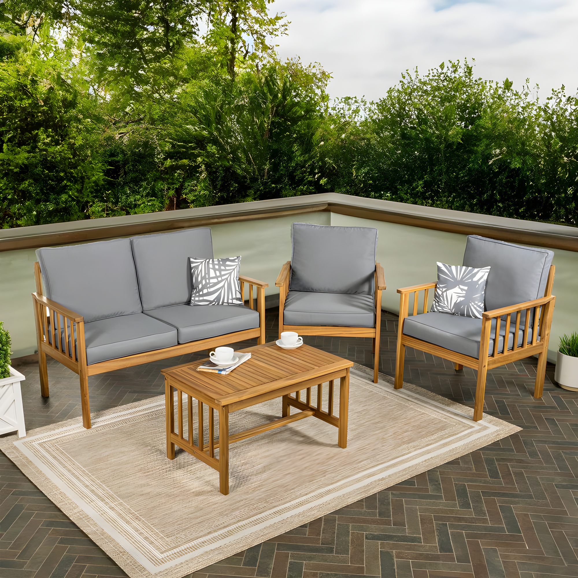 Everly 4-Piece Modern Cottage Acacia Wood Outdoor Patio Set with Cushions and Tropical Decorative Pillows, Gray/Teak Brown - JONATHAN Y