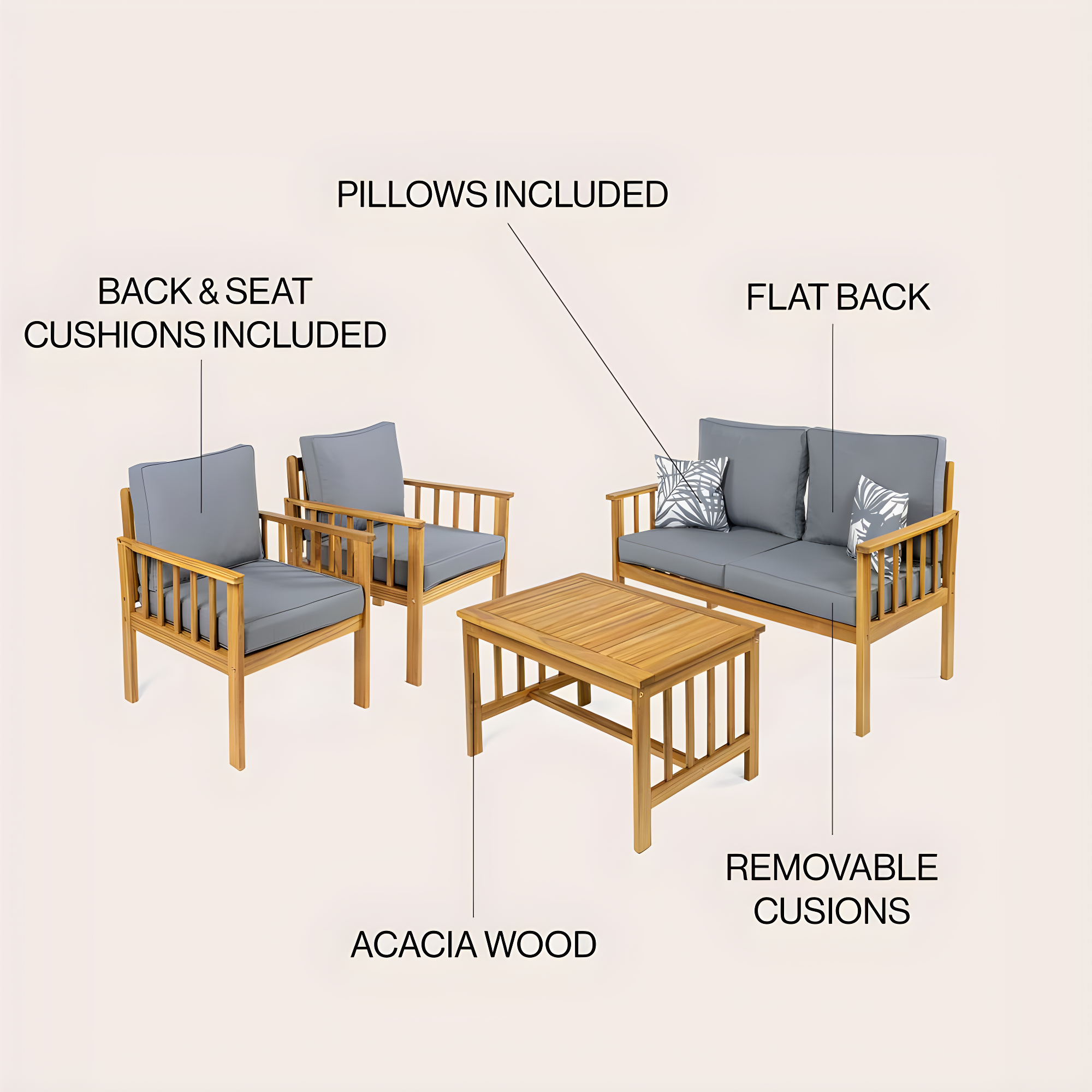 Everly 4-Piece Modern Cottage Acacia Wood Outdoor Patio Set with Cushions and Tropical Decorative Pillows, Gray/Teak Brown - JONATHAN Y