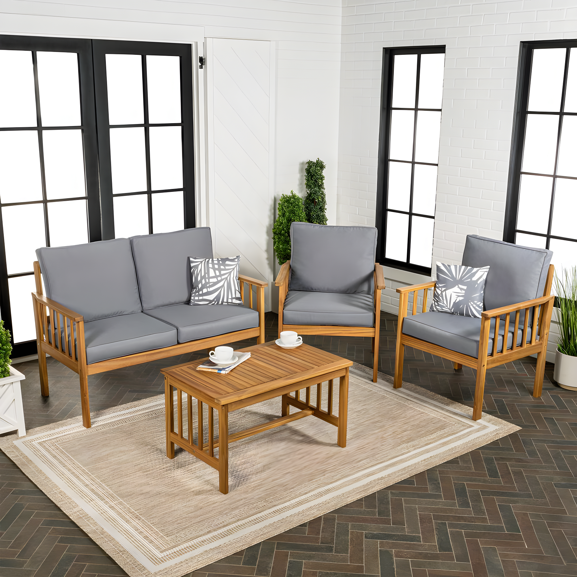 Everly 4-Piece Modern Cottage Acacia Wood Outdoor Patio Set with Cushions and Tropical Decorative Pillows, Gray/Teak Brown - JONATHAN Y