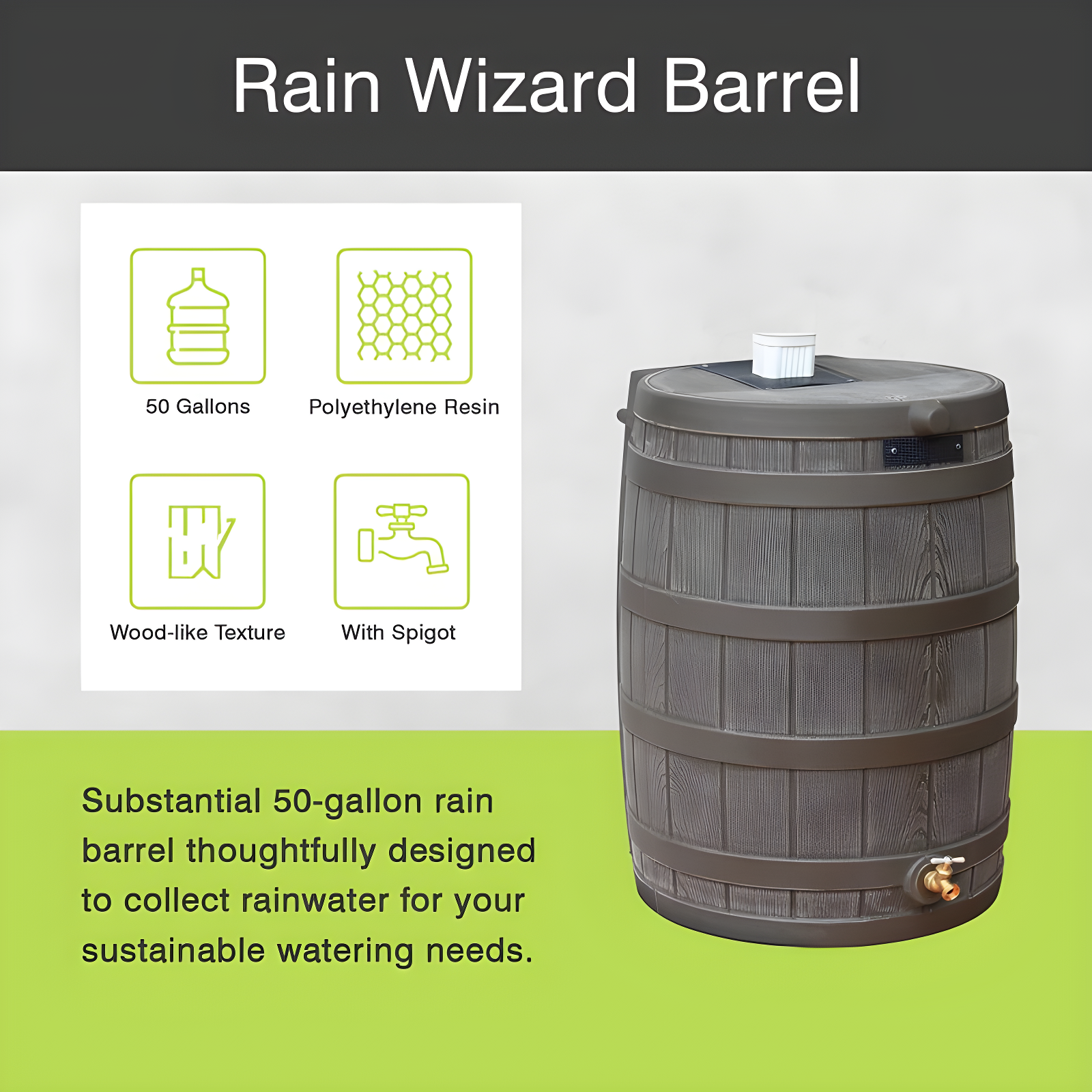 Good Ideas Rain Wizard Whiskey Style Rain Barrel with Overflow and Spigot