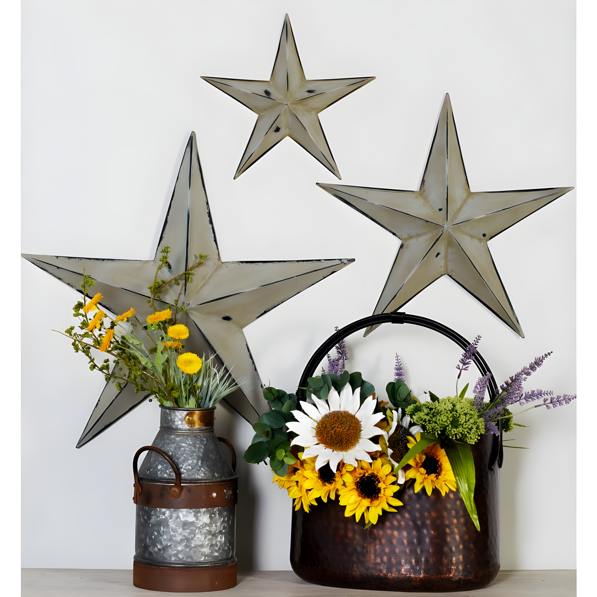 Olivia & May Set of 3 Metal Stars Indoor Outdoor Wall Decors Light Brown : Iron Frame, Farmhouse Style, Vertical Orientation