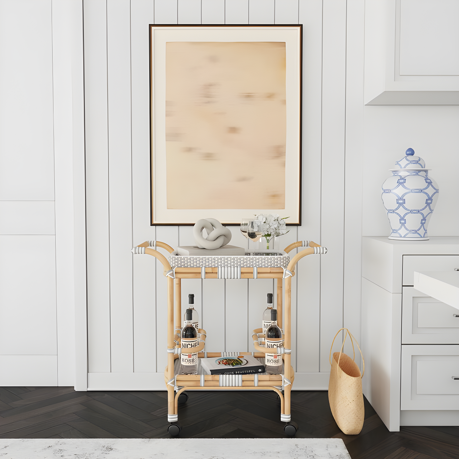Butler Selena Grey & White Rattan Bar Cart