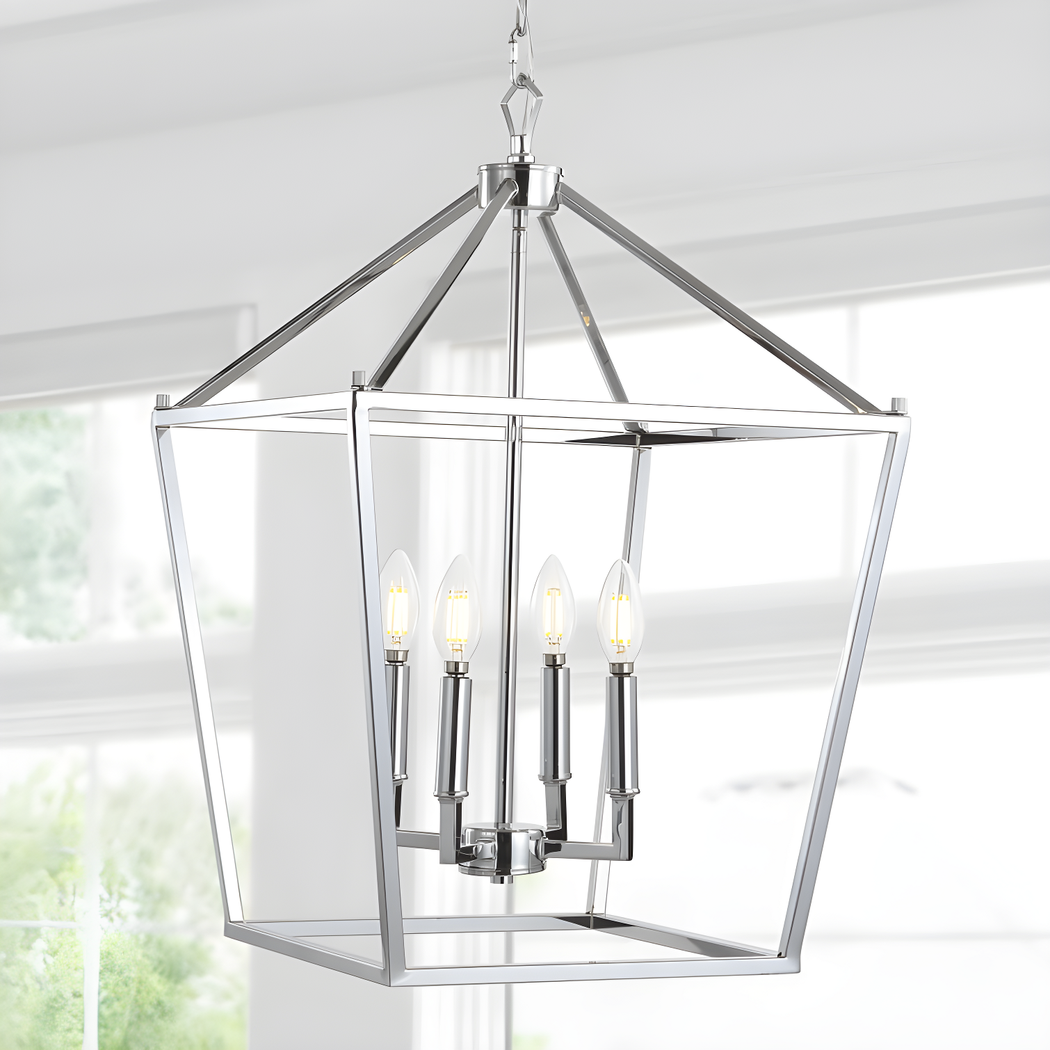Pagoda 16" 4-Bulb Lantern Metal LED Pendant, Chrome