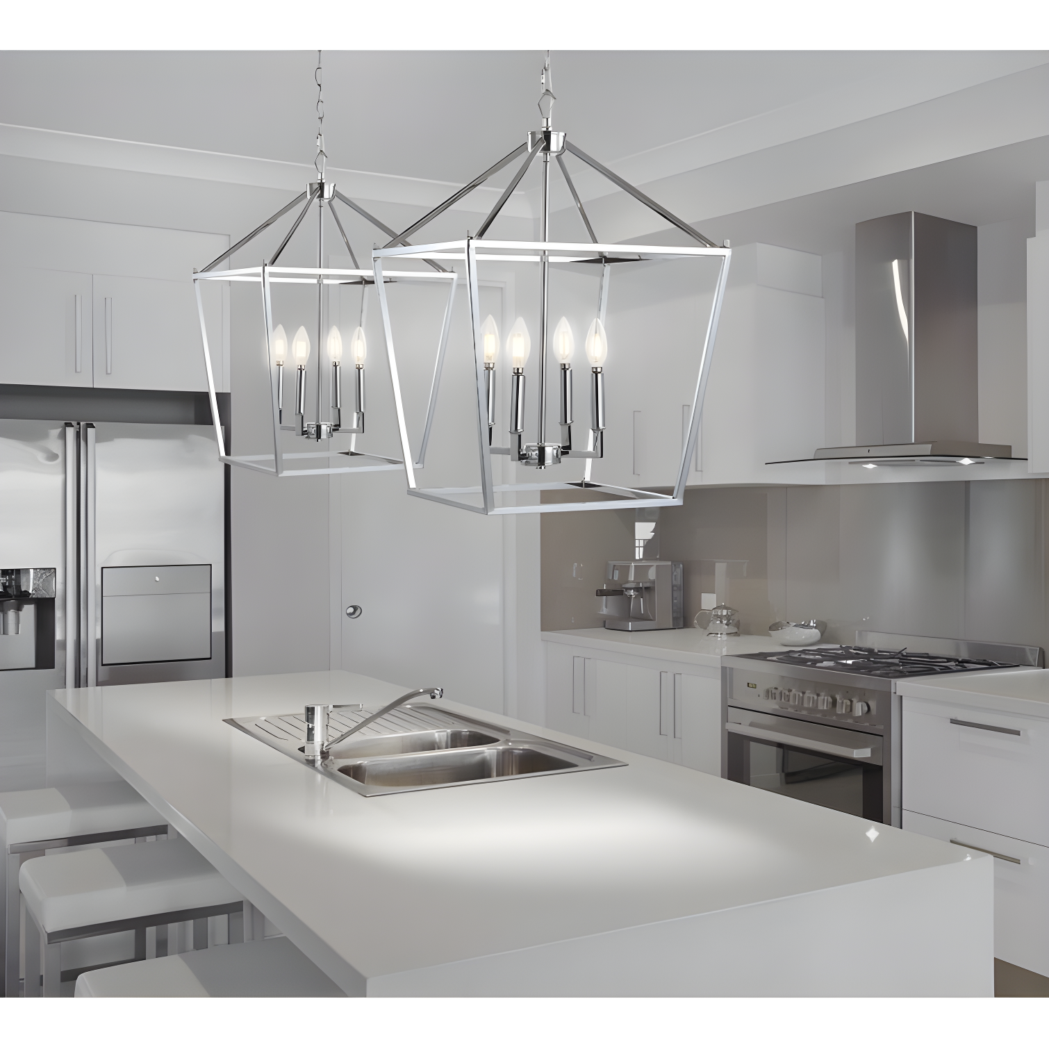 Pagoda 16" 4-Bulb Lantern Metal LED Pendant, Chrome