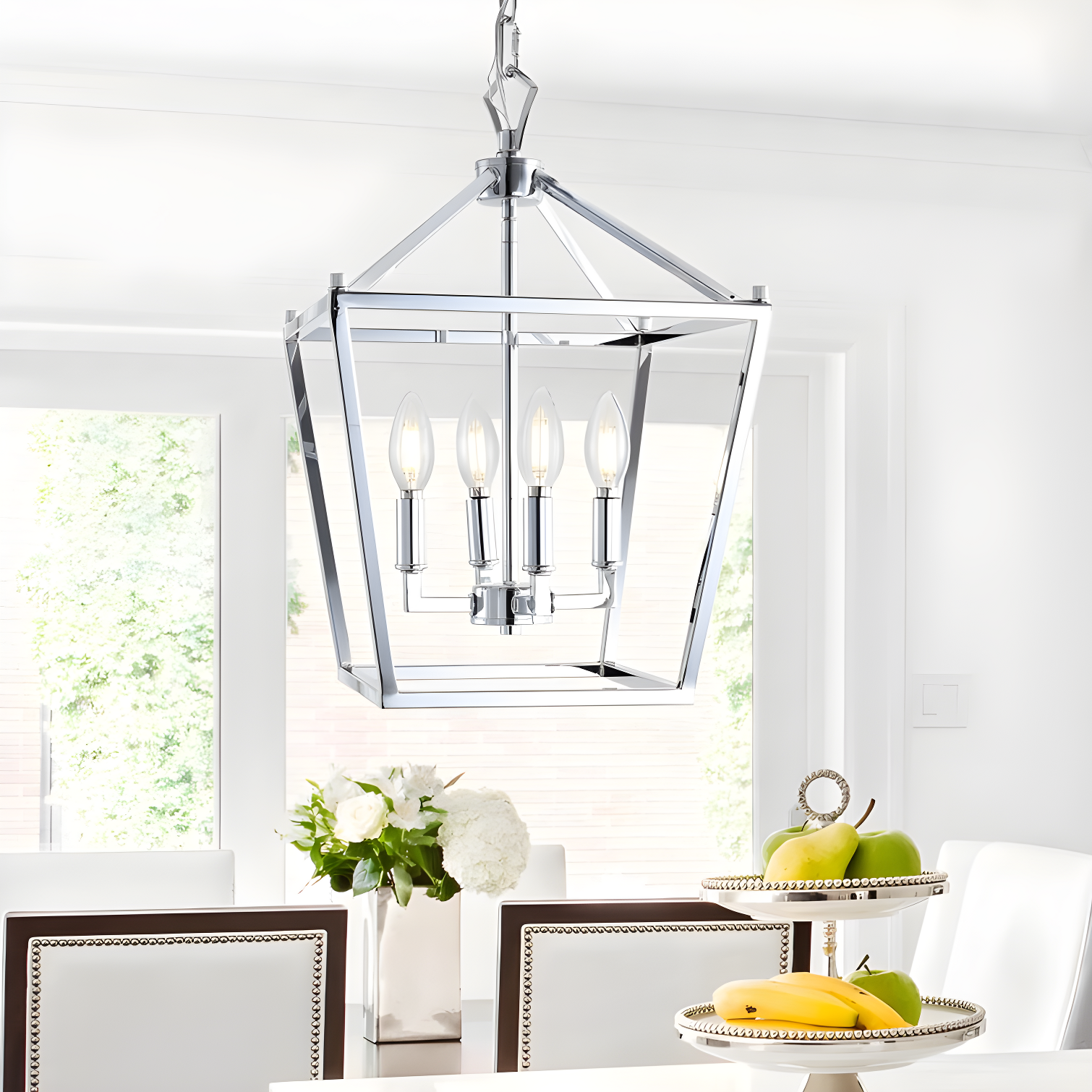 Pagoda 16" 4-Bulb Lantern Metal LED Pendant, Chrome