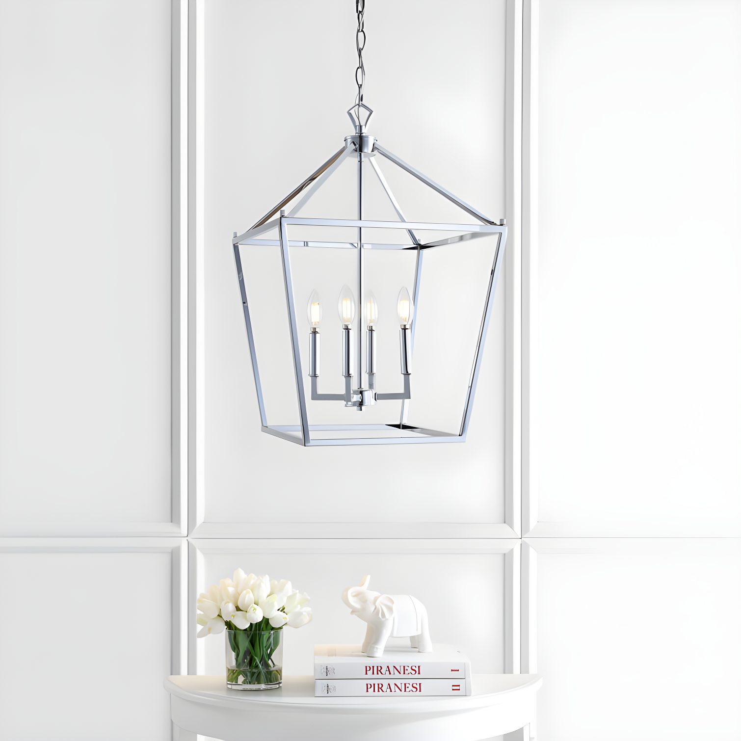 Pagoda 16" 4-Bulb Lantern Metal LED Pendant, Chrome