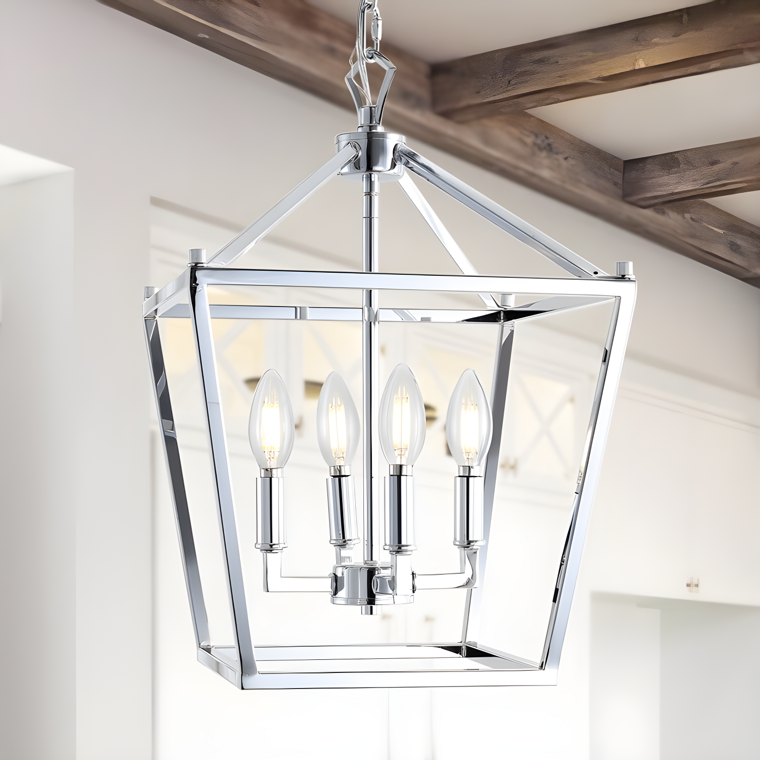 Pagoda 16" 4-Bulb Lantern Metal LED Pendant, Chrome