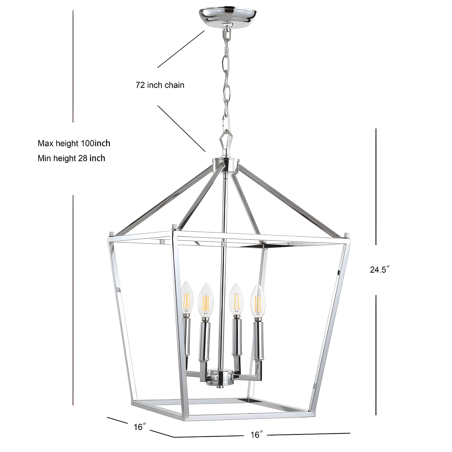 Pagoda 16" 4-Bulb Lantern Metal LED Pendant, Chrome